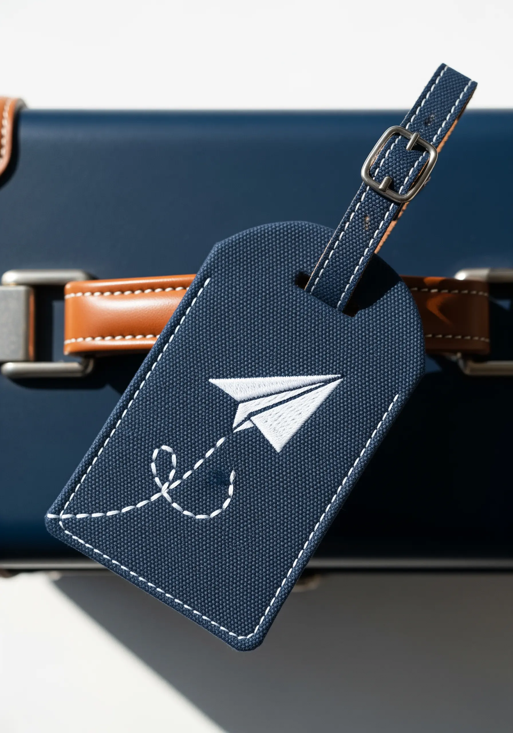 A navy blue luggage tag with an embroidered paper airplane and a stitched flight path