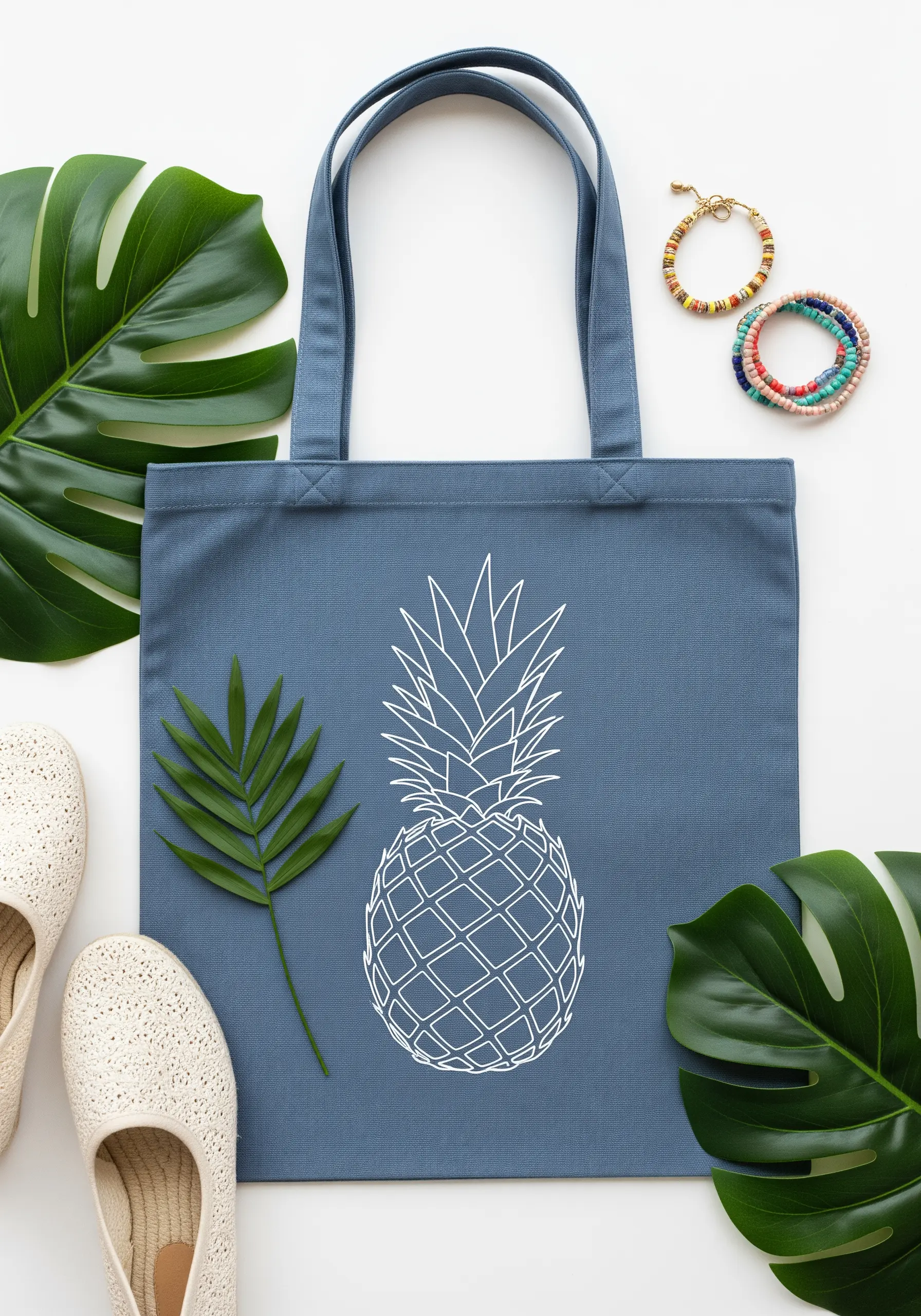 A graphic pineapple embroidered with a bold white outline on a blue tote bag.