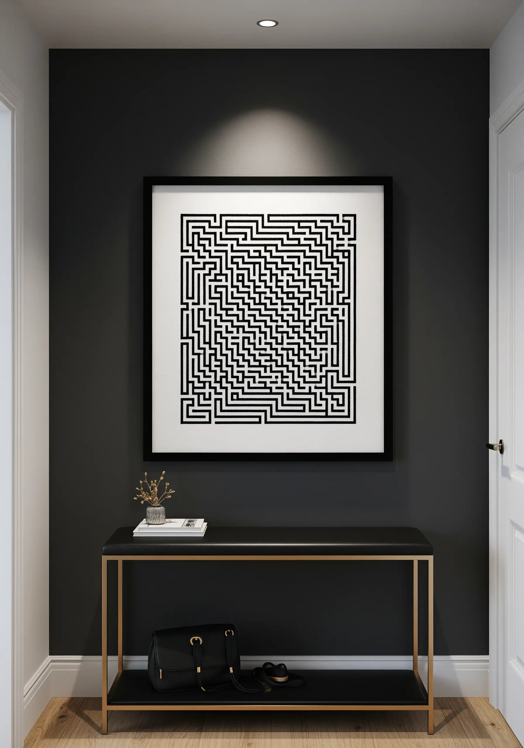 A complex black and white maze embroidery with sharp, graphic lines.
