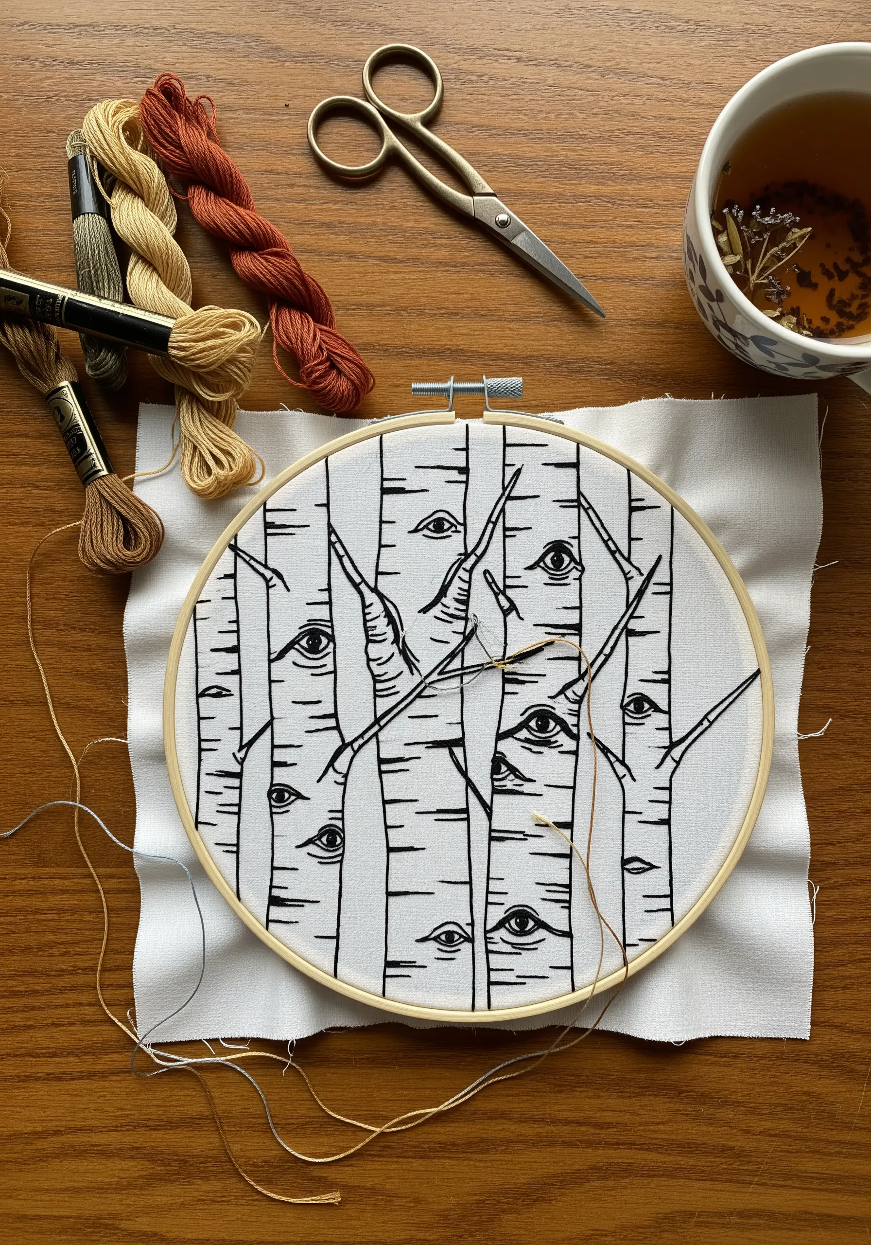 In-progress hoop art of birch trees with eyes, stitched in black thread.