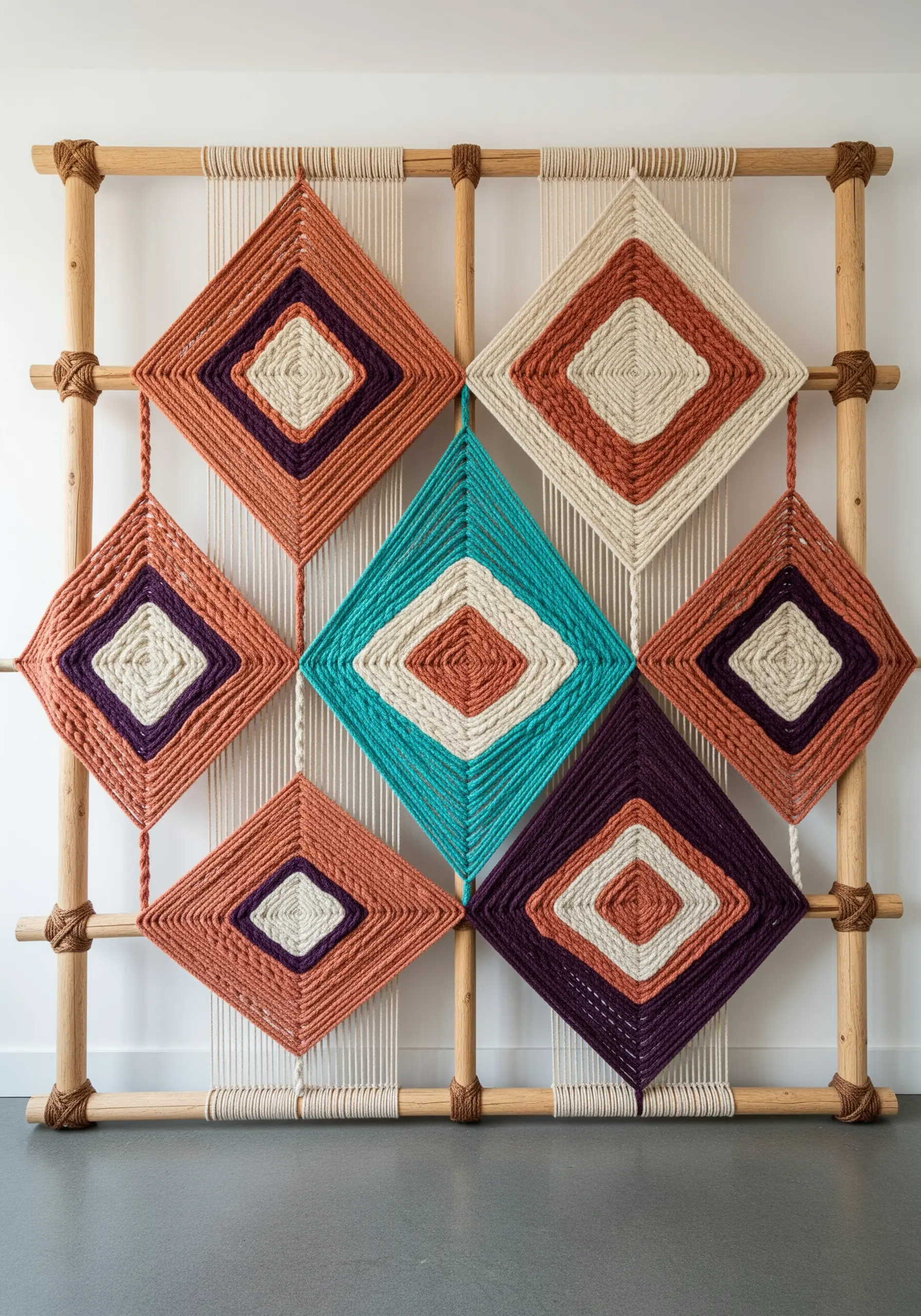A large woven wall hanging with nine diamond-shaped 'God's Eye' motifs on a grid.