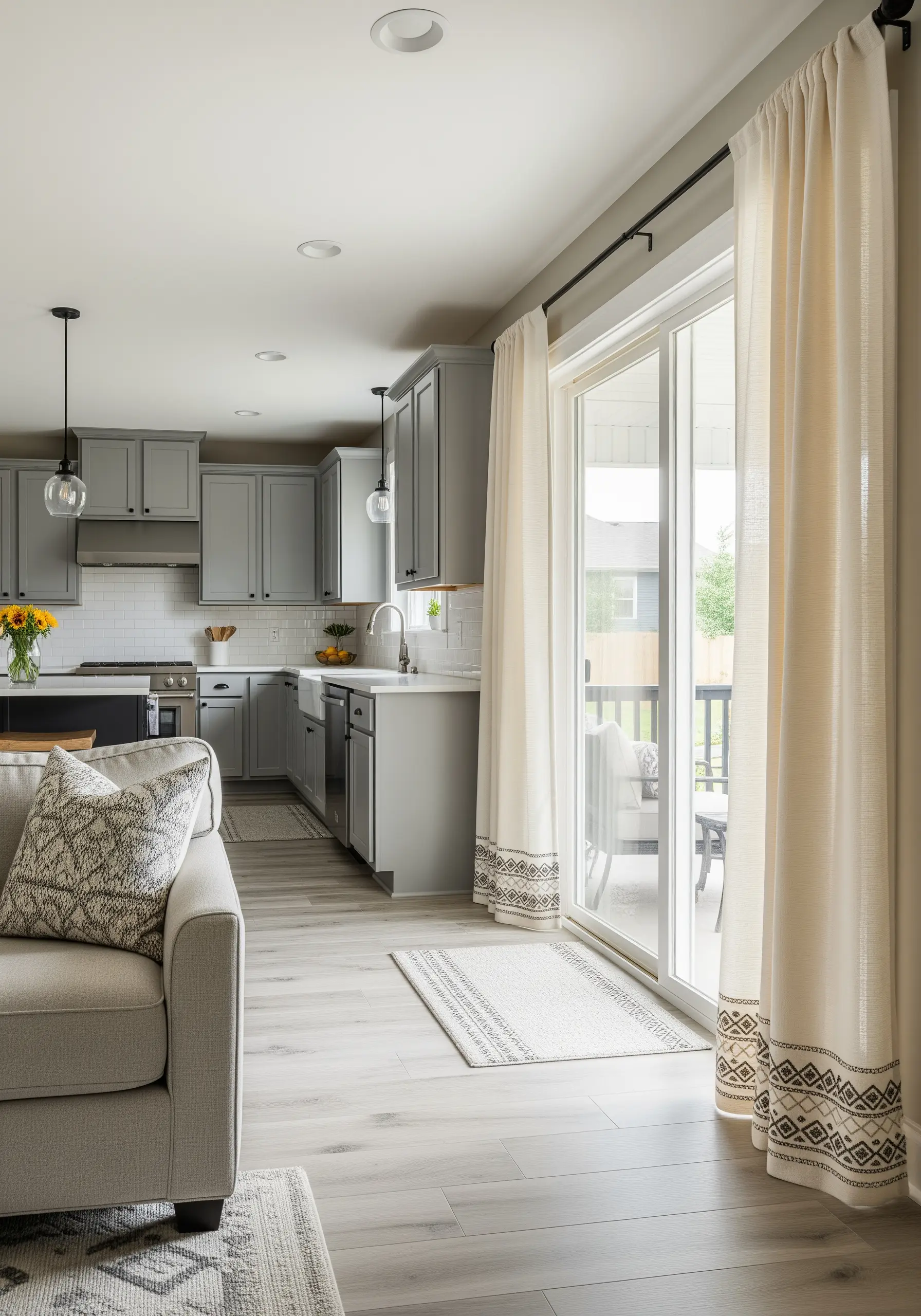 Geometric tribal-style pattern embroidered on the hem of sheer linen curtains.