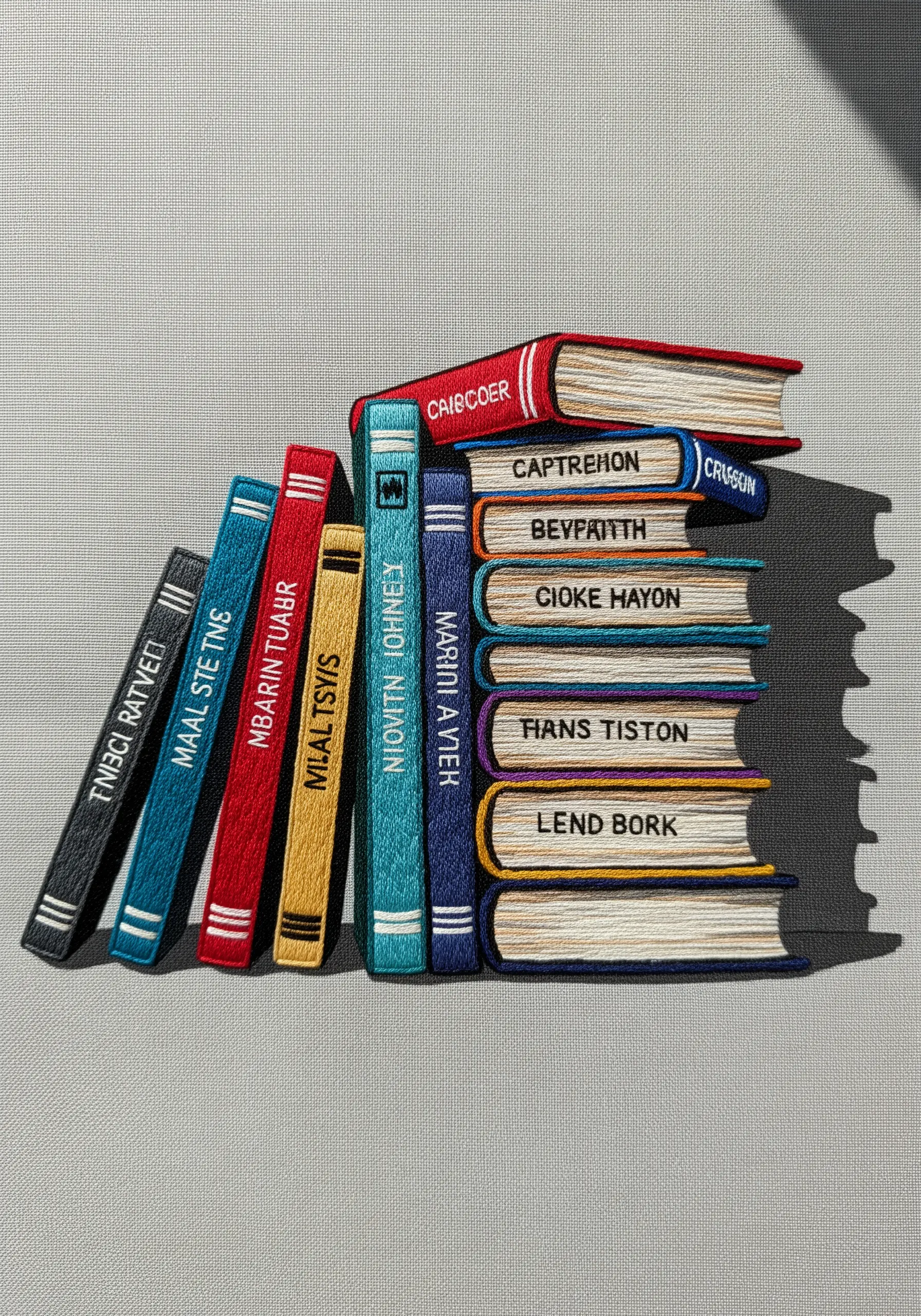 Embroidery of a stack of colorful books with a realistic gray shadow.