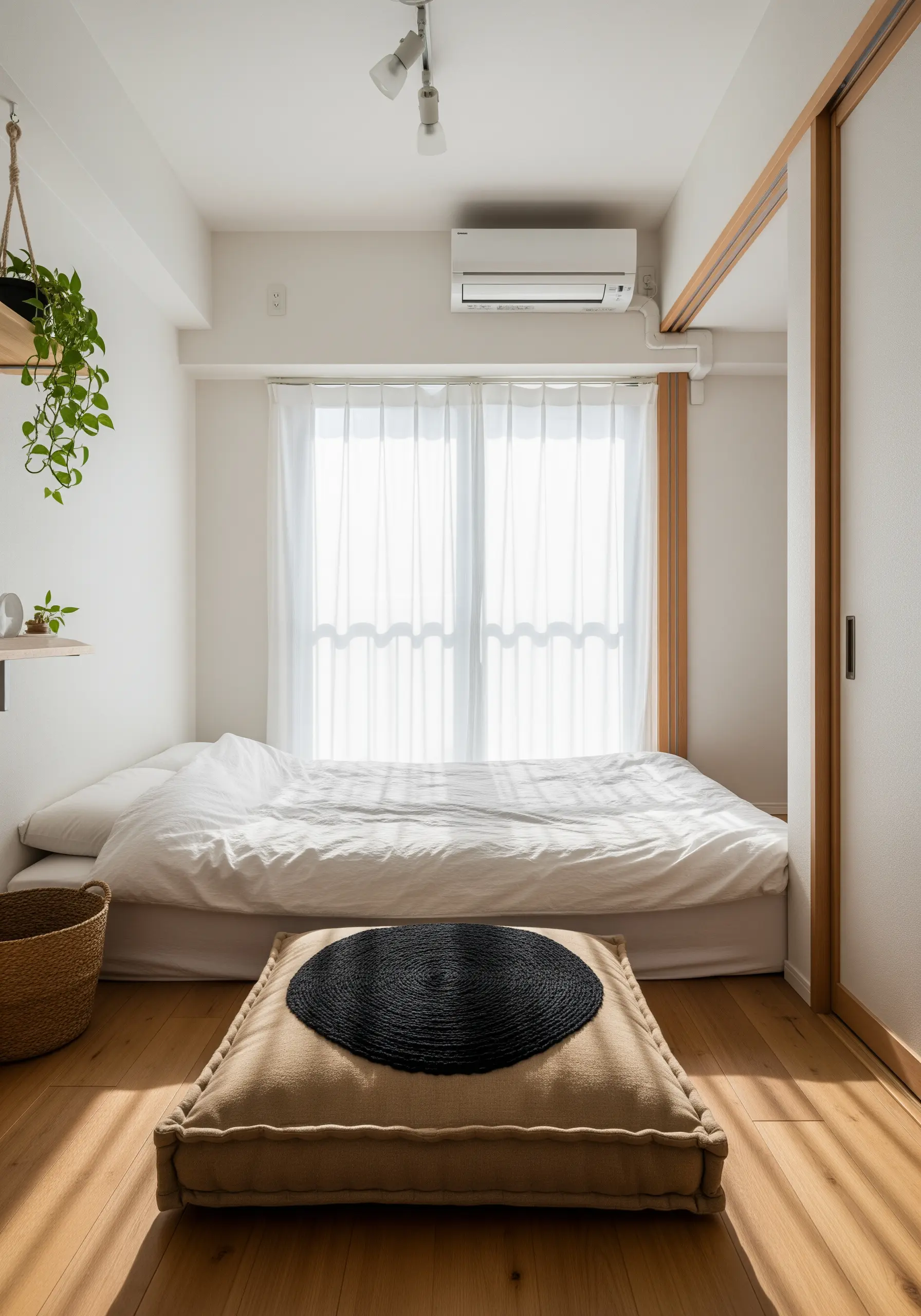 A floor cushion in a minimalist bedroom with a dark, coiled rope design on top