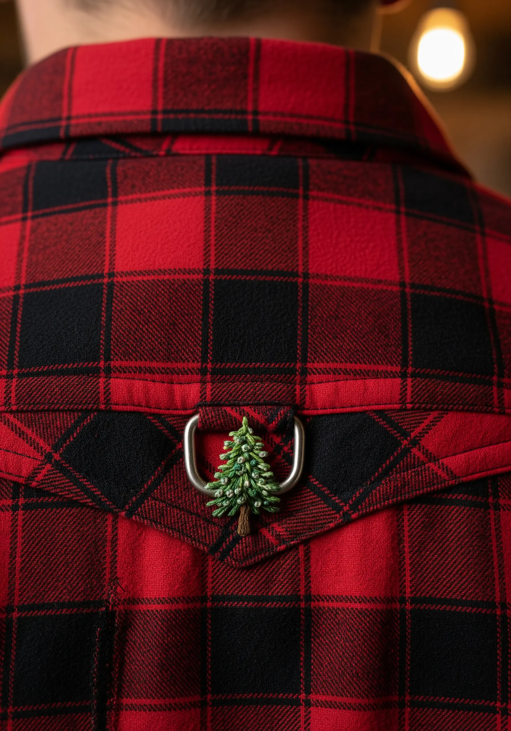 A textured green pine tree embroidered around the metal hanger loop on a red plaid shirt's yoke.