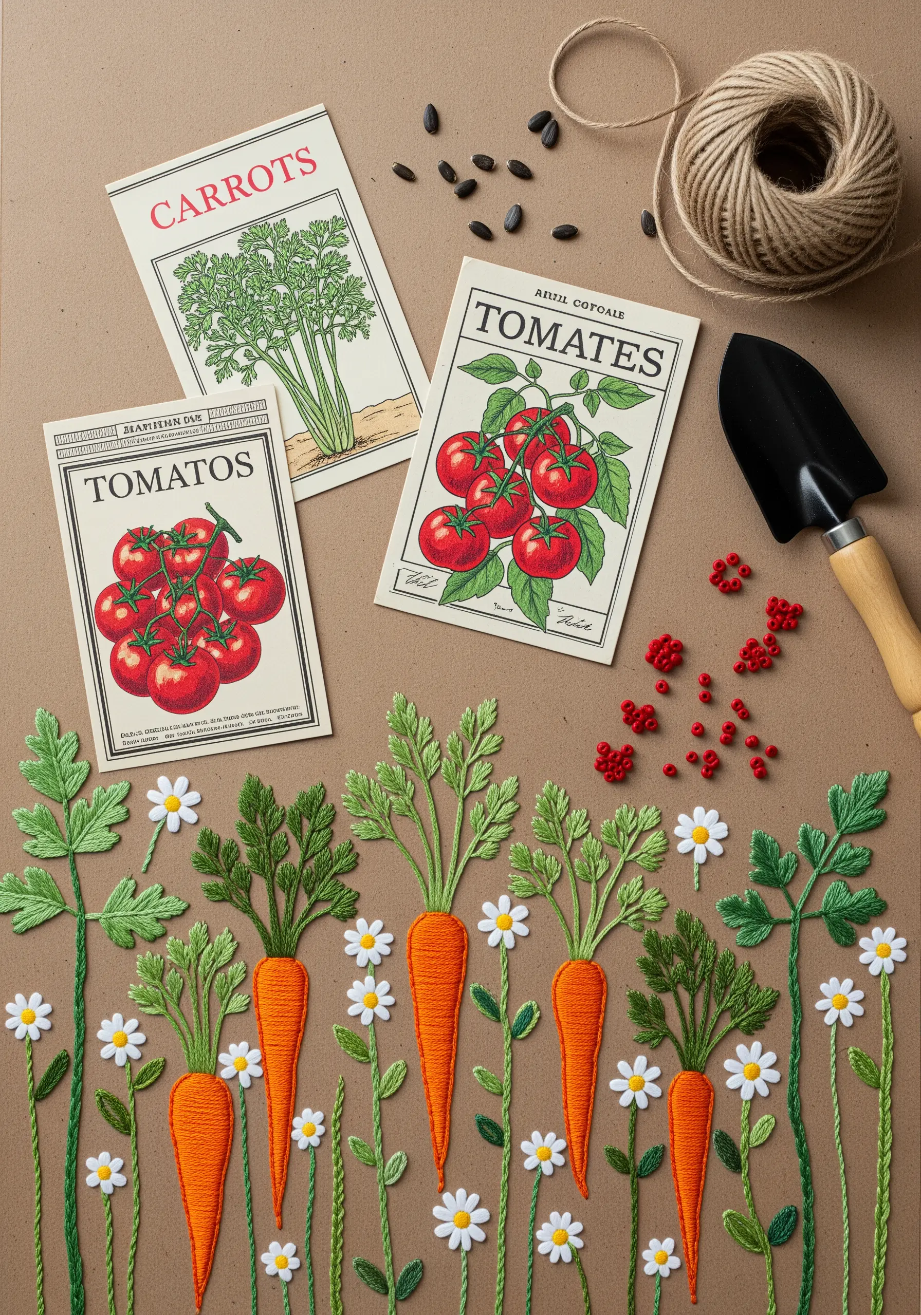 Vintage seed packets collaged above embroidered carrots and daisies growing on brown paper.