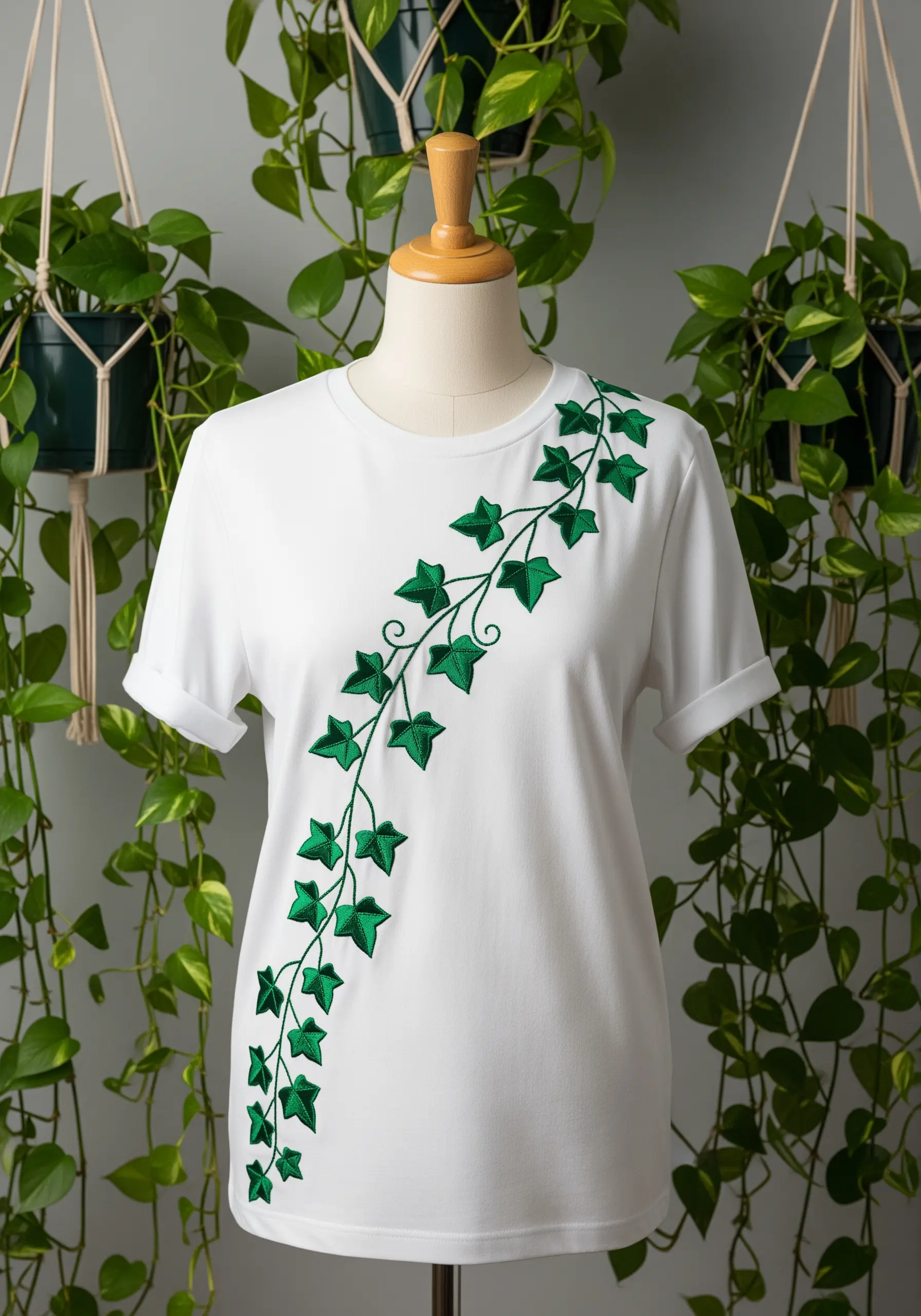 A vine of green ivy leaves embroidered diagonally across a white t-shirt.