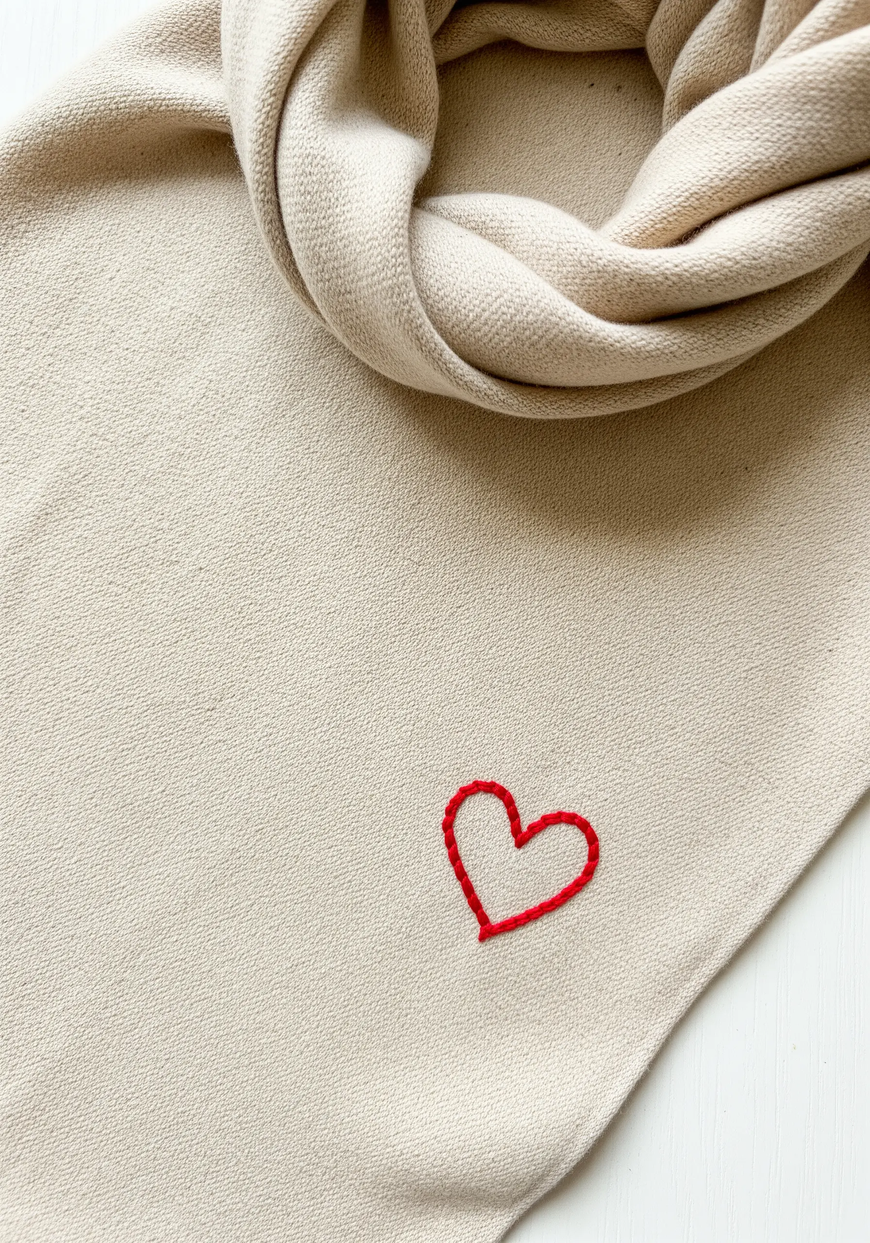 A simple red backstitch outline of a heart on a beige scarf.
