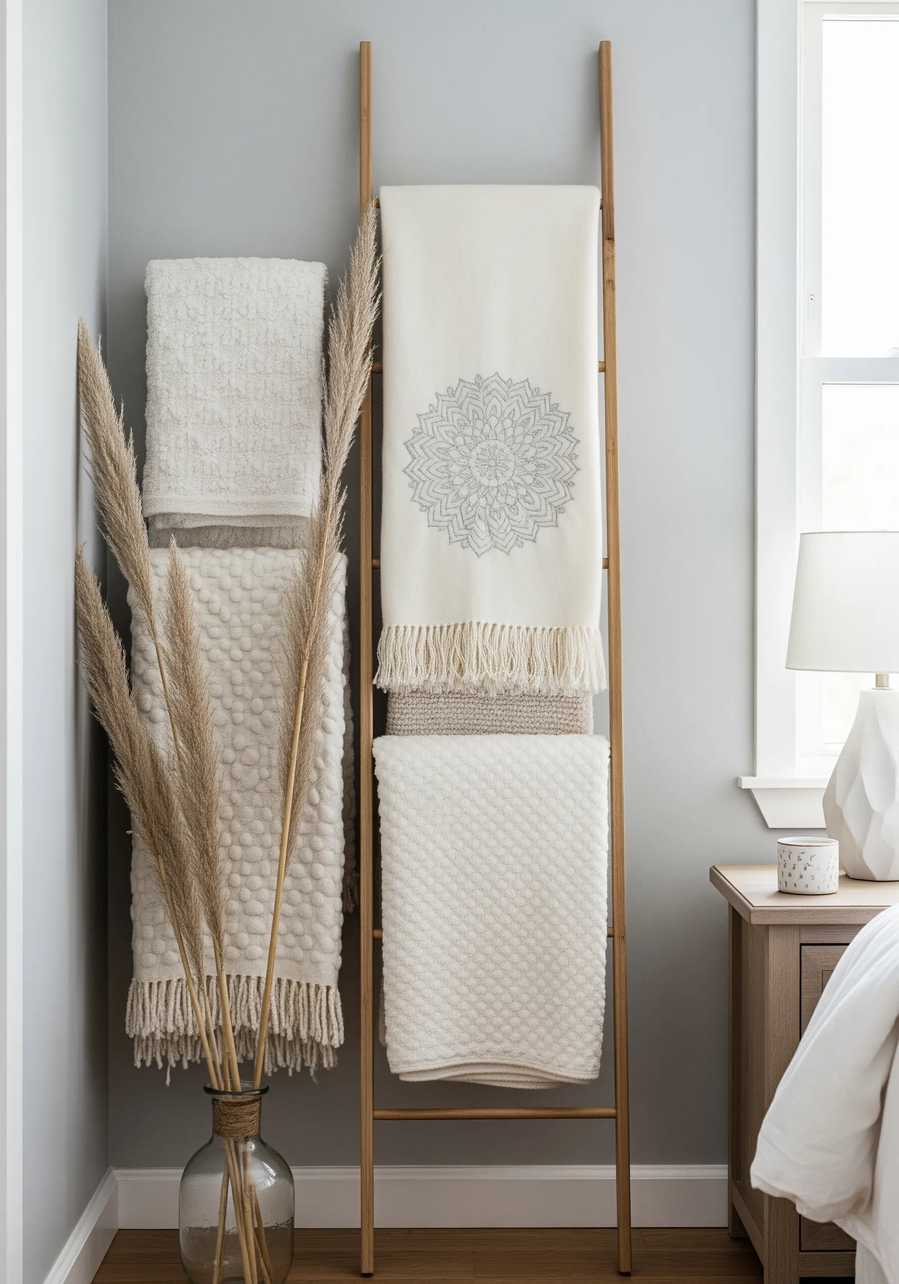 A cream-colored throw with a grey mandala, hung on a decorative ladder with other textured textiles.