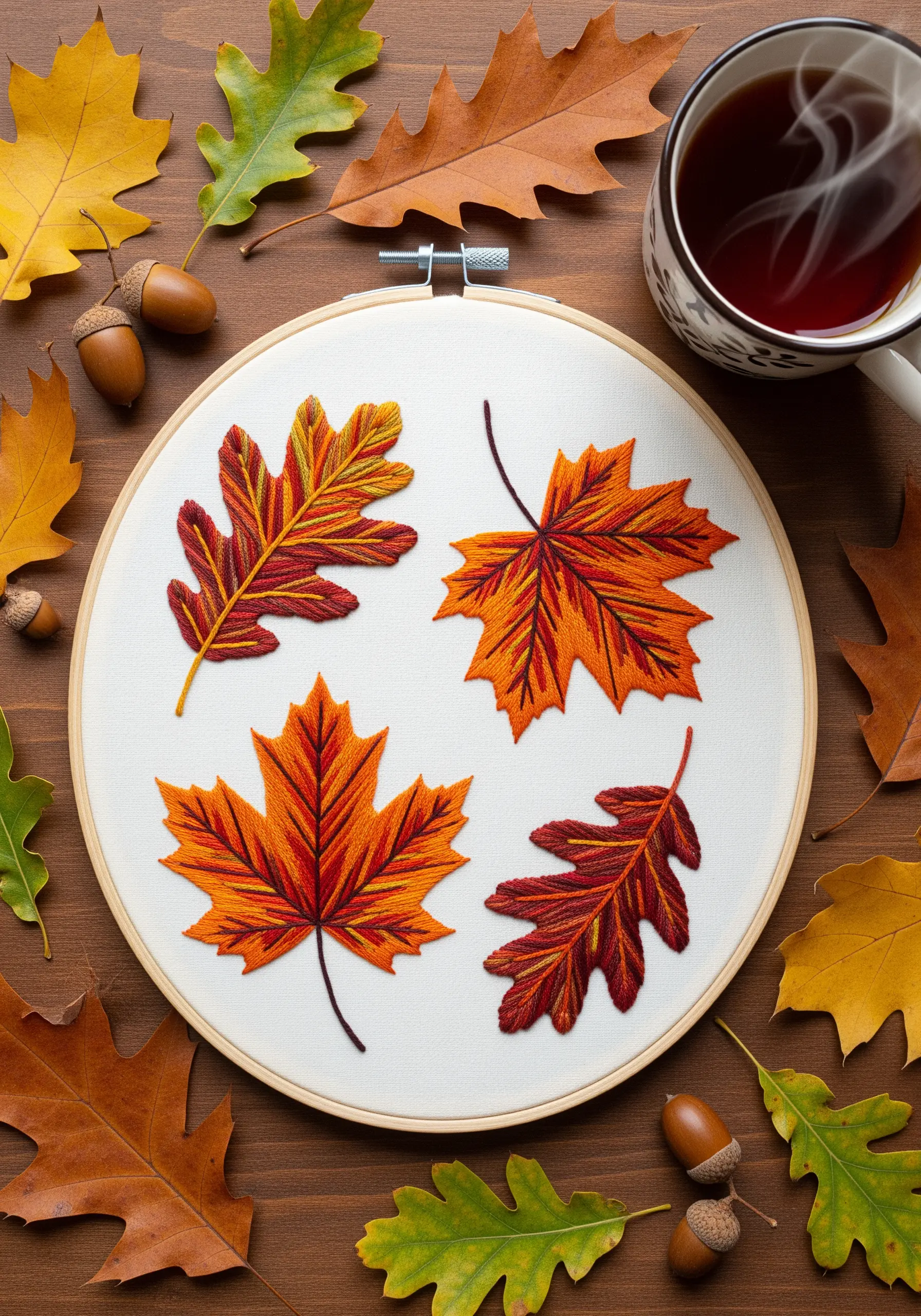 Embroidery of four autumn leaves stitched with variegated red, orange, and yellow thread.