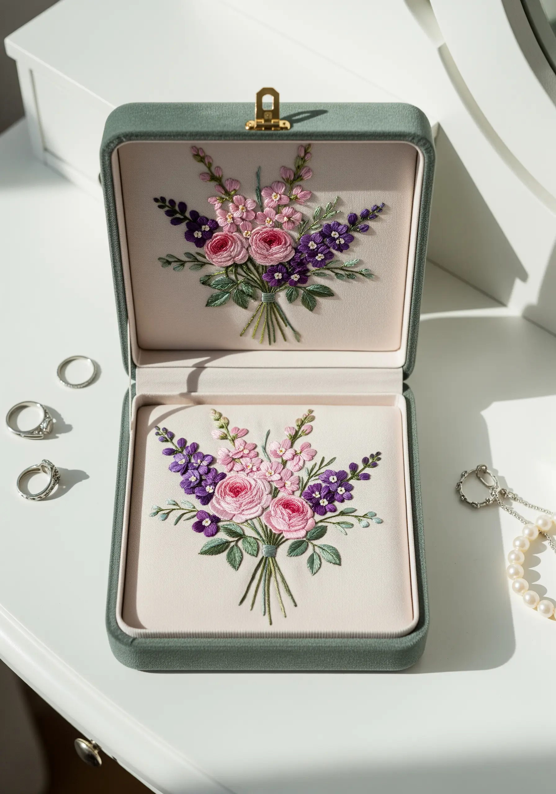 An embroidered floral bouquet with pink roses and purple flowers inside a velvet jewelry box.