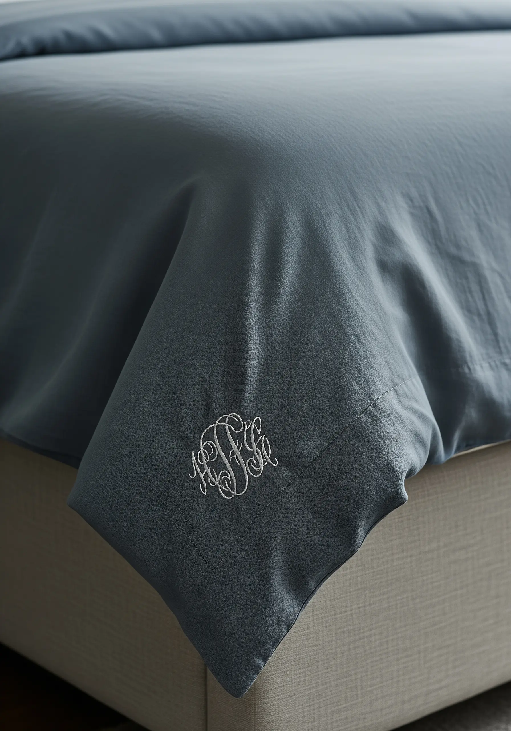 A classic, ornate script monogram embroidered in white on the corner of a slate blue duvet cover.