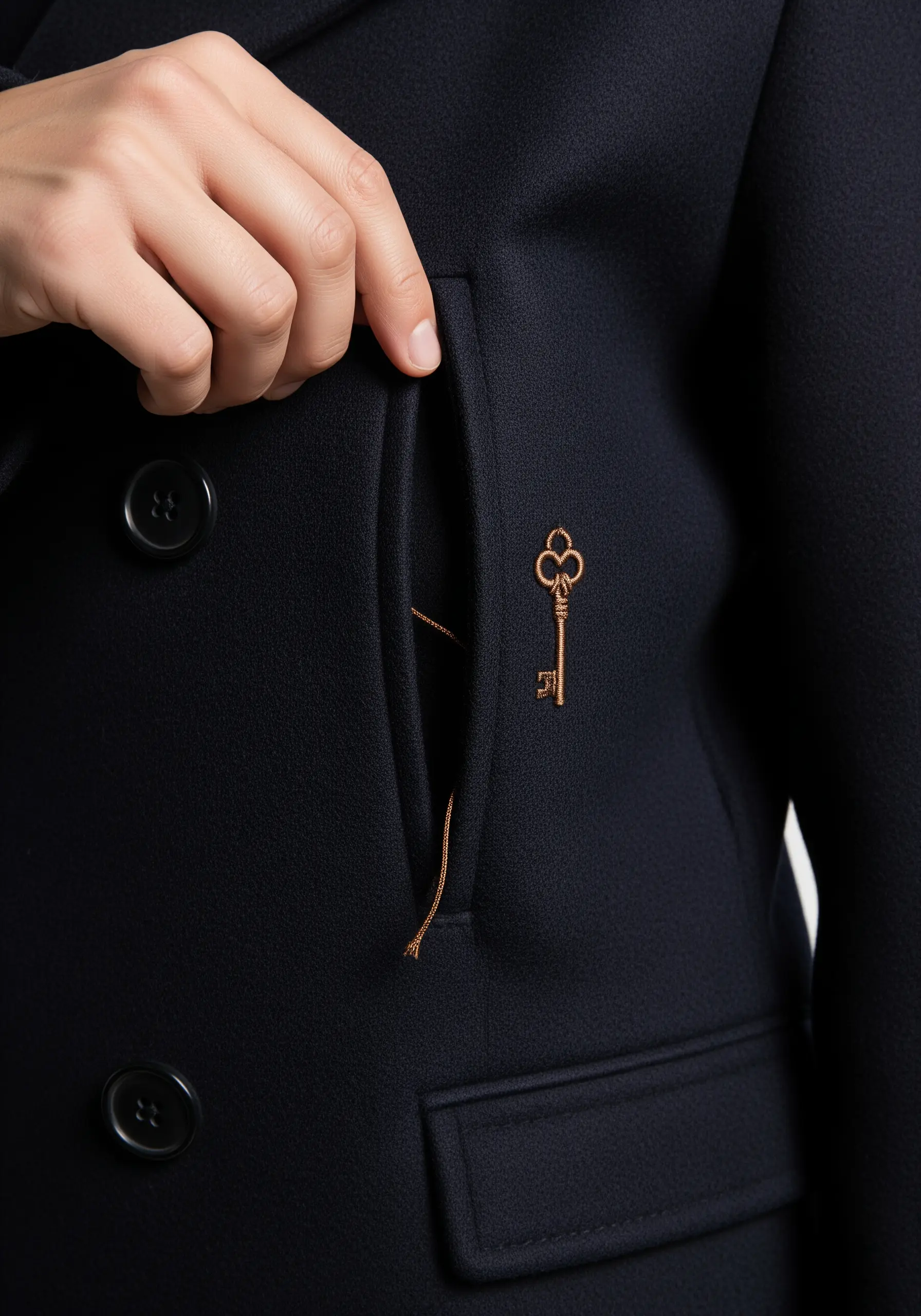 A golden skeleton key embroidered to look like it is peeking out of a navy blue coat pocket.