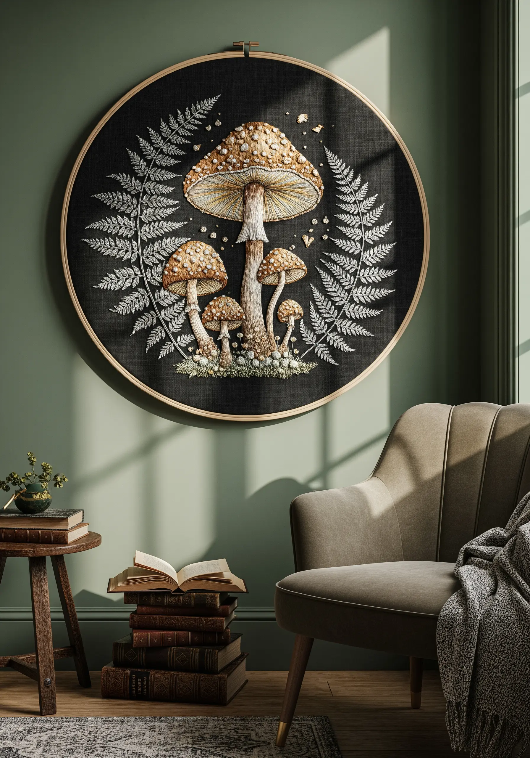 Embroidery of amanita mushrooms and ferns stitched in white and beige thread on black fabric.