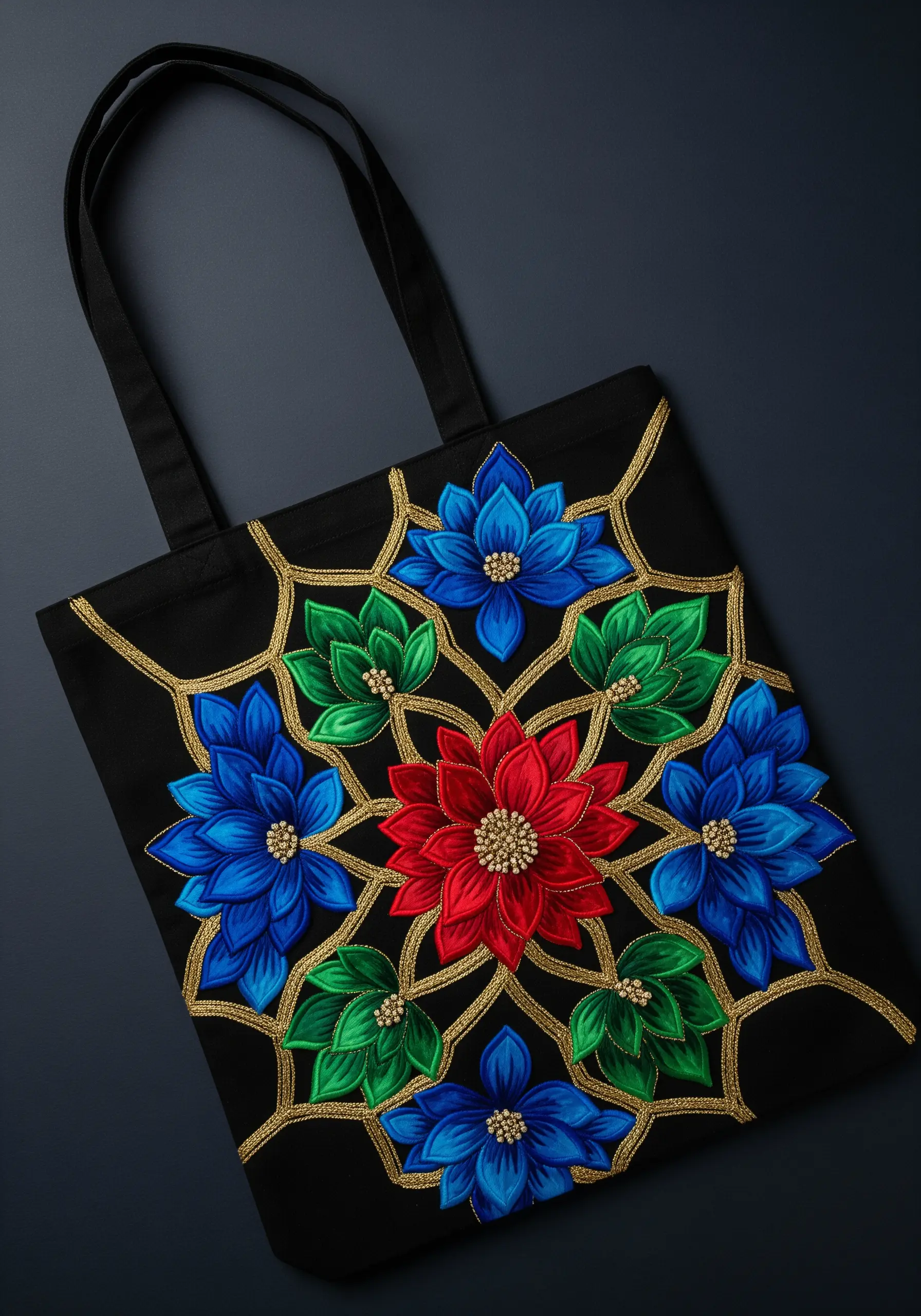 Vibrant blue, red, and green floral mandala with gold metallic outlines on a black tote bag.