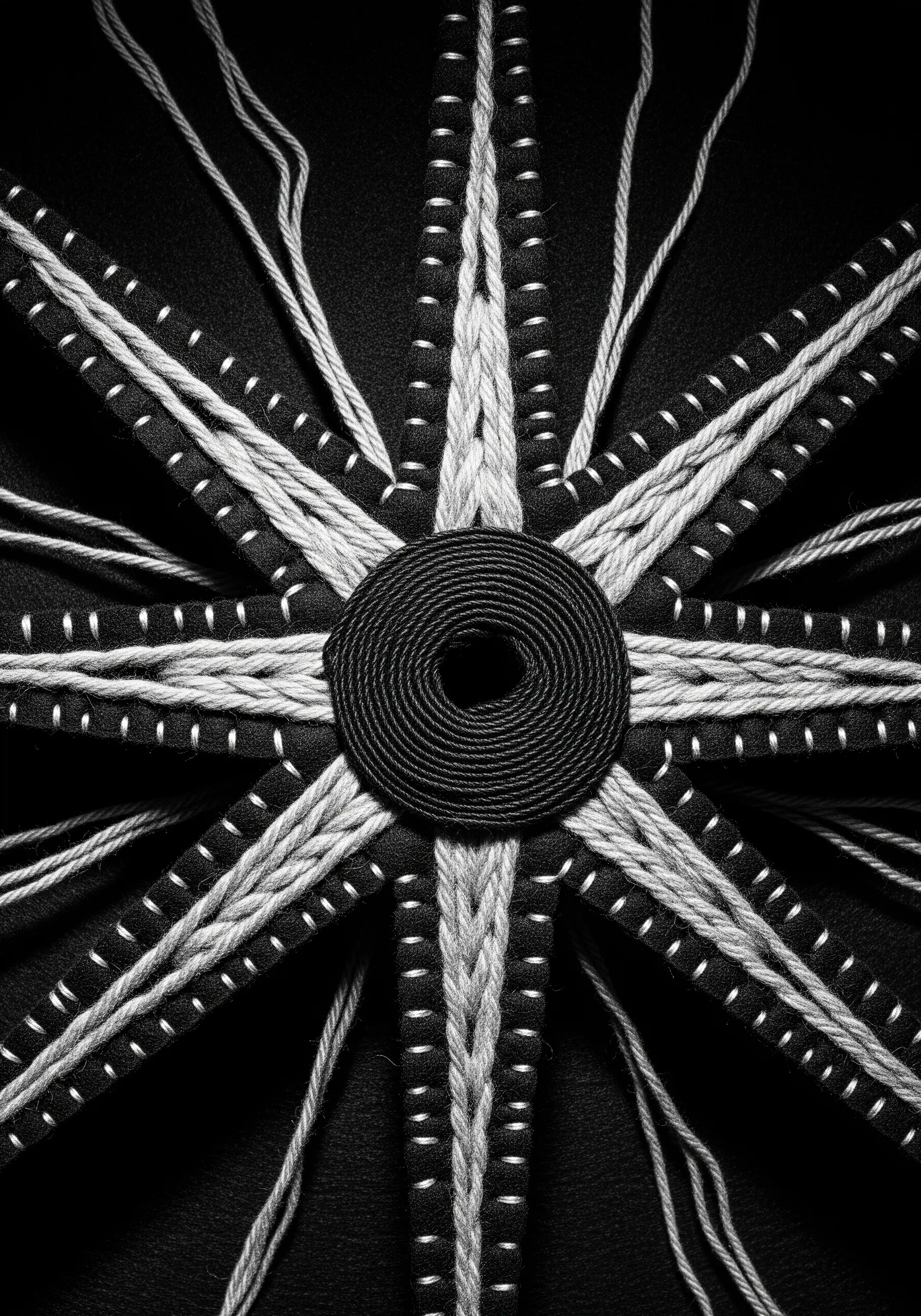 Monochrome star embroidery with a coiled center, appliqué, and braided rays.