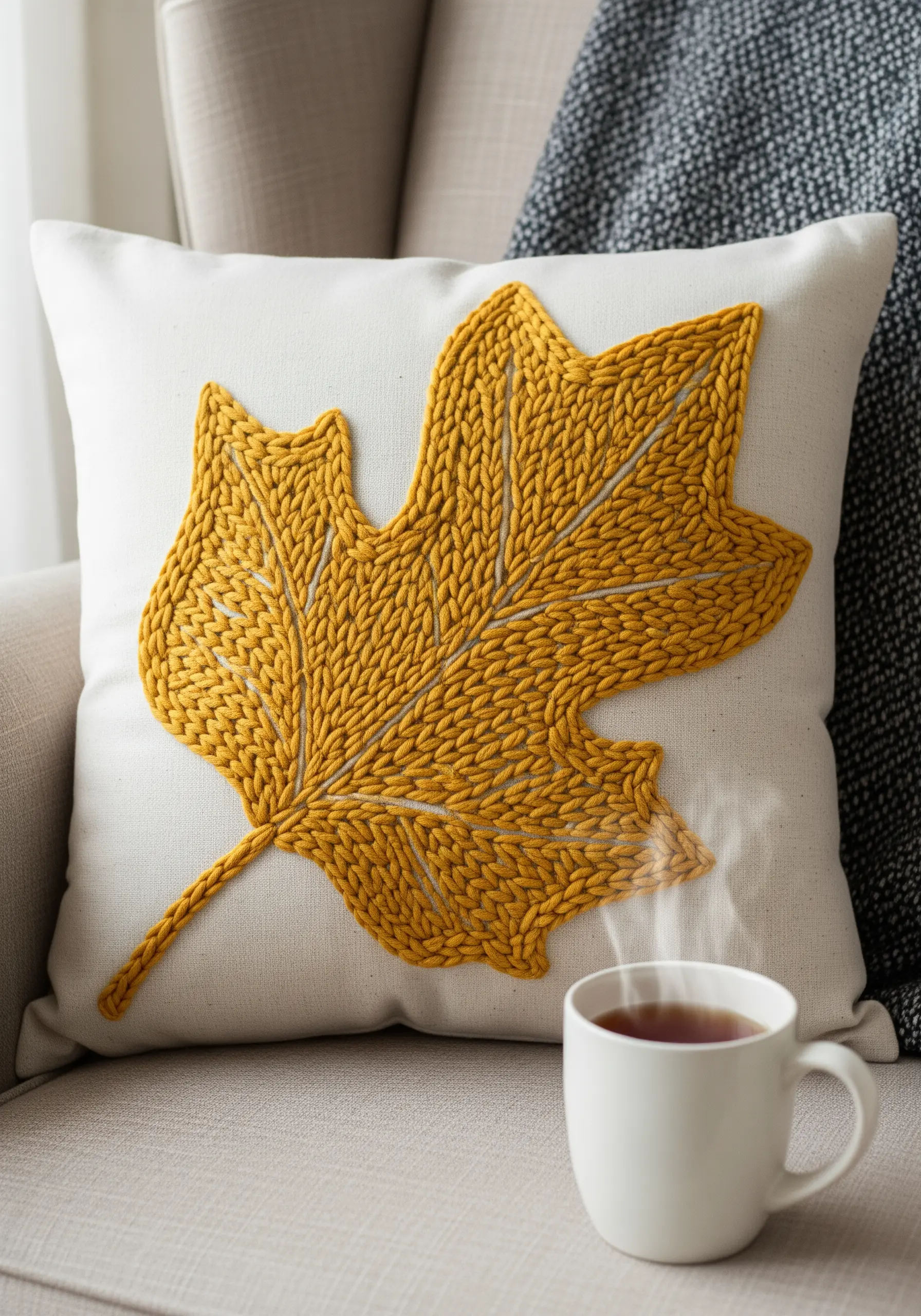 A large, chunky yellow yarn leaf couched onto a white pillow to create a knitted texture.