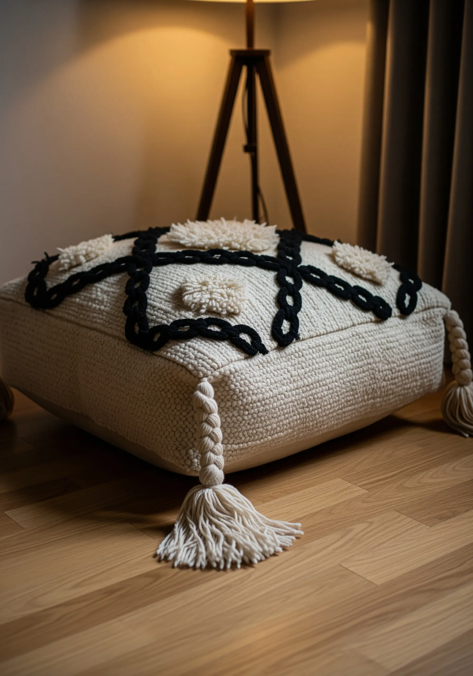 A cream-colored cushion with black yarn couching and shaggy textural details.