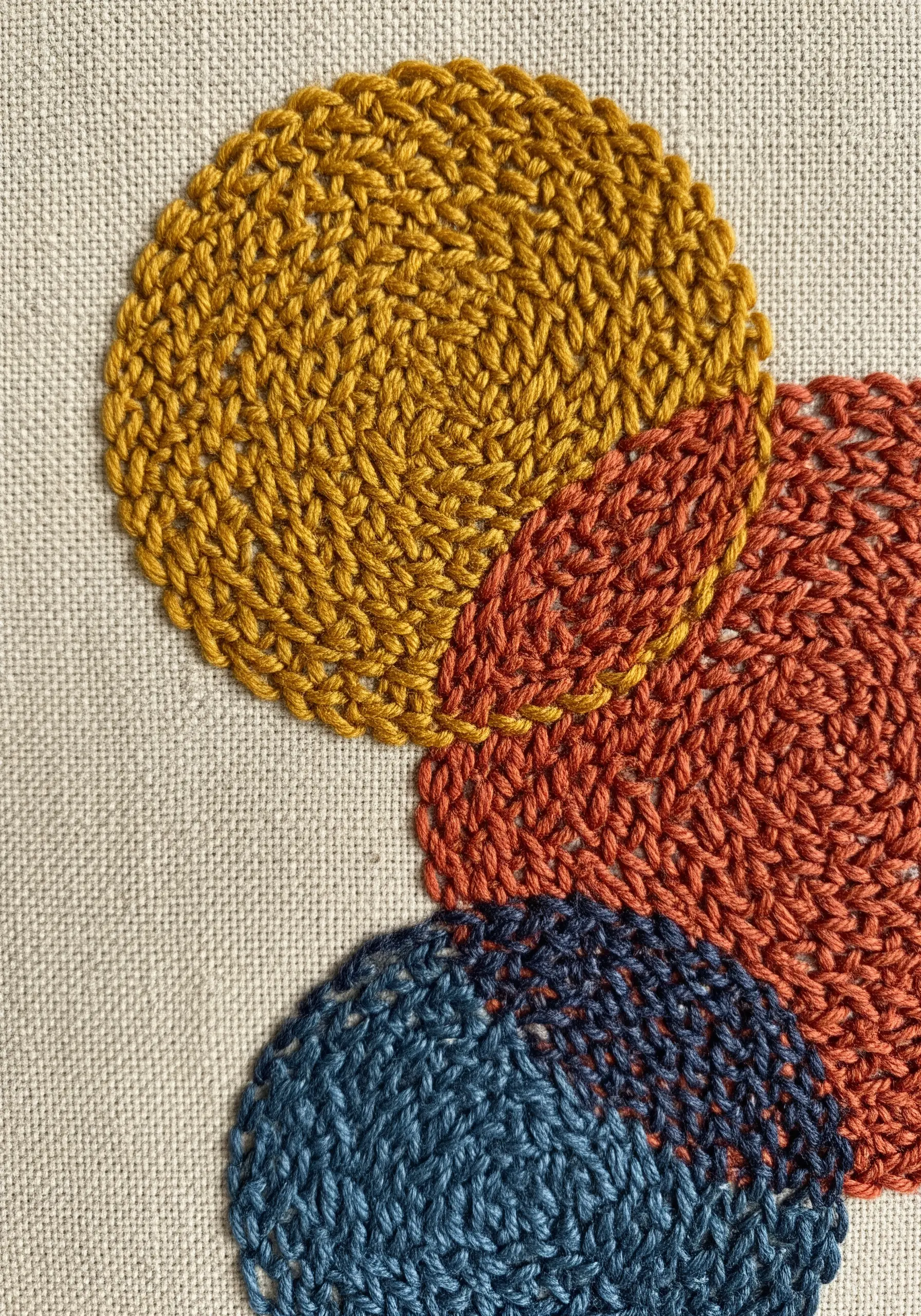 Close-up of overlapping embroidered circles with a dense, woven texture.