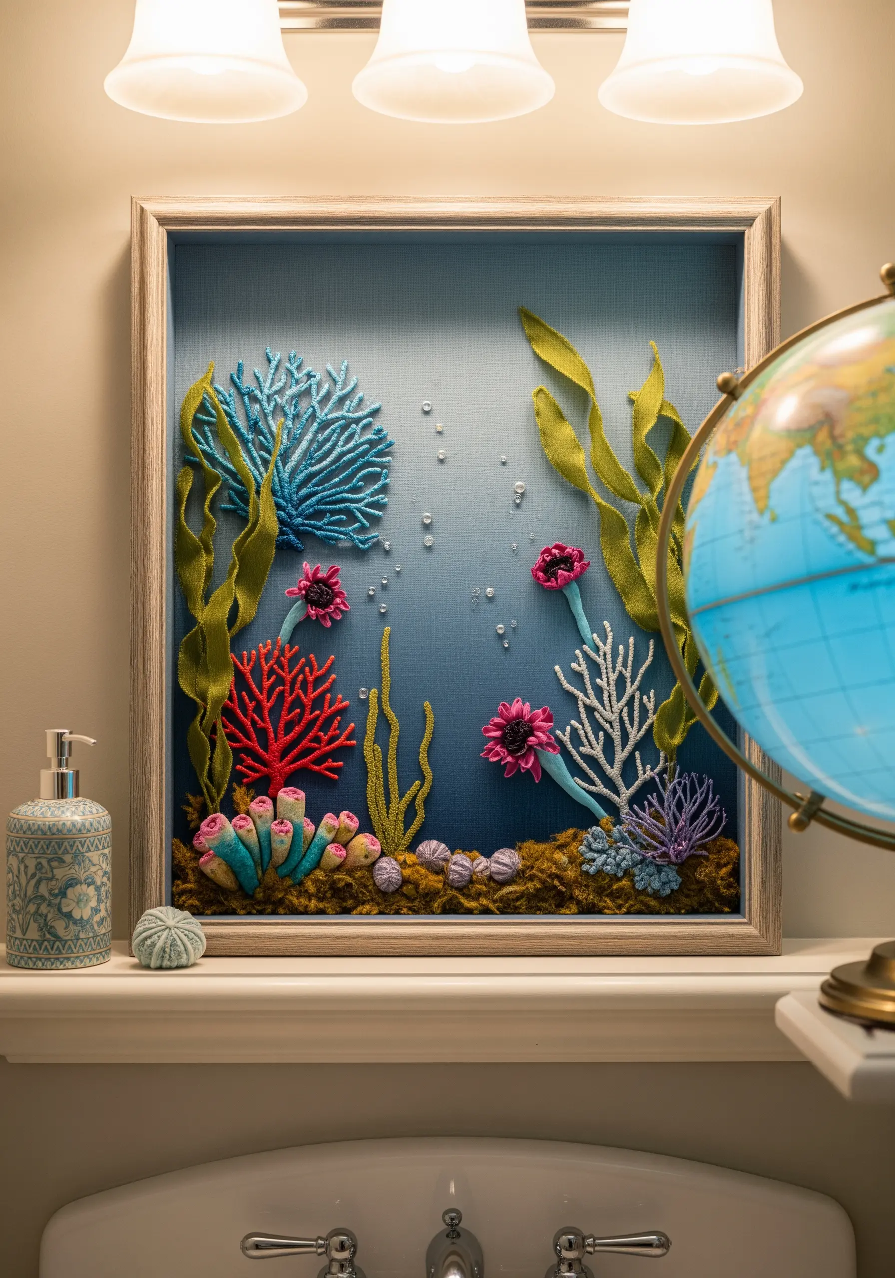 A 3D embroidery diorama of a coral reef with dimensional stitches and ribbon work.