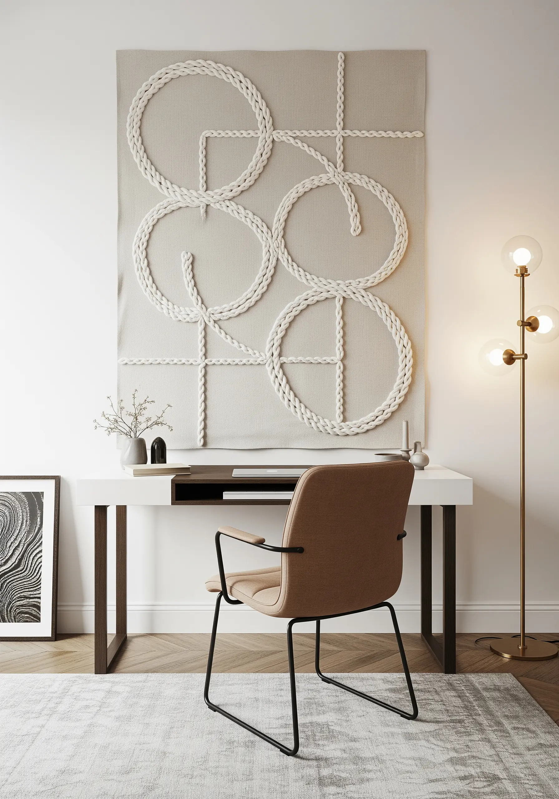 Large beige wall hanging with chunky white braided yarn forming abstract circles.