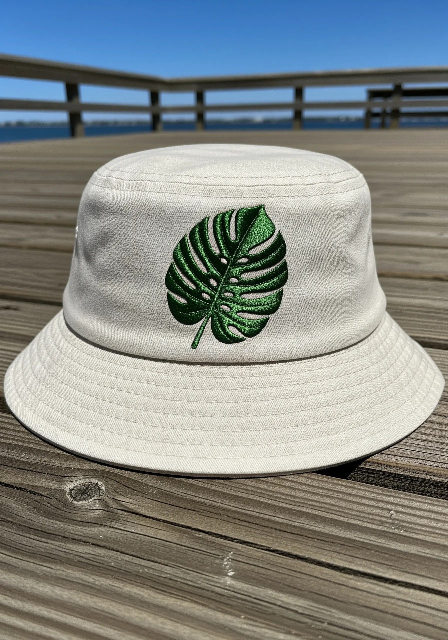 A single, large green Monstera leaf with detailed veins embroidered on a light-colored bucket hat.