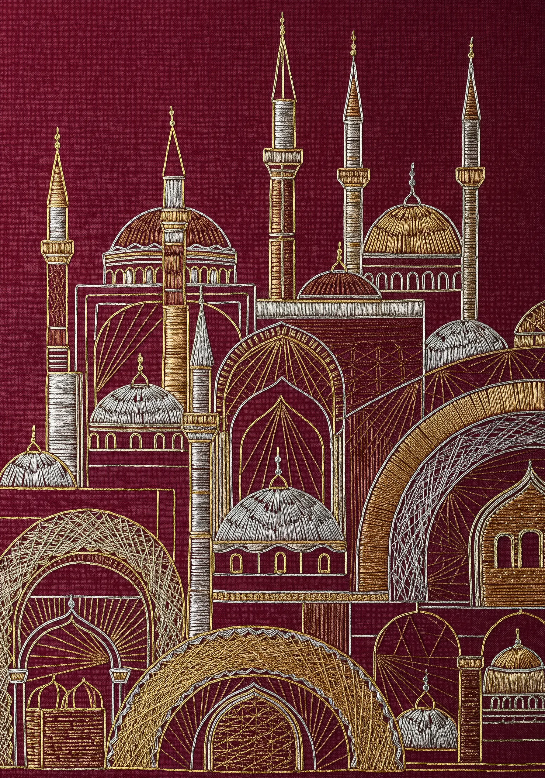 Embroidery of mosque architecture on red fabric, using gold and silver metallic threads to highlight patterns.
