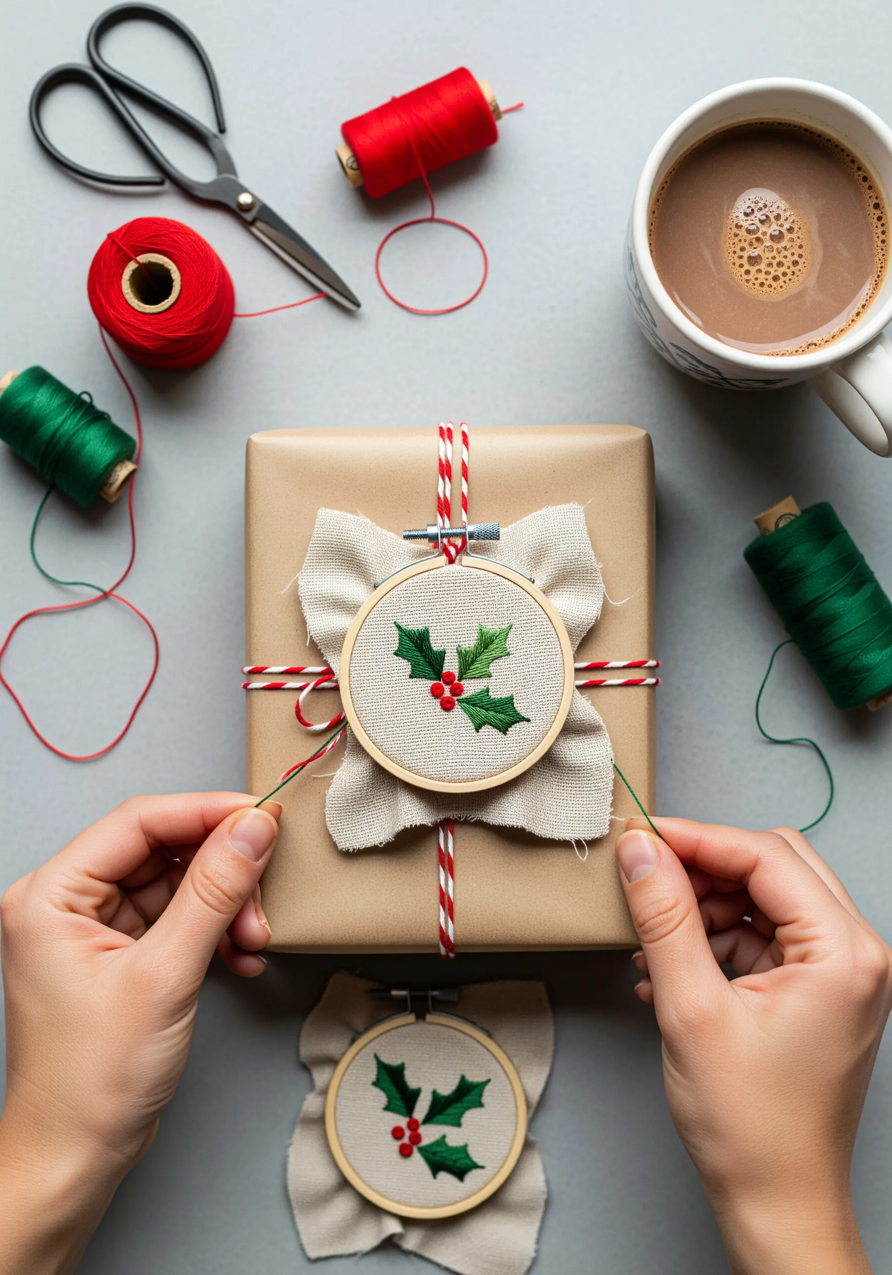 A small embroidery hoop with a holly motif being used as a gift topper.