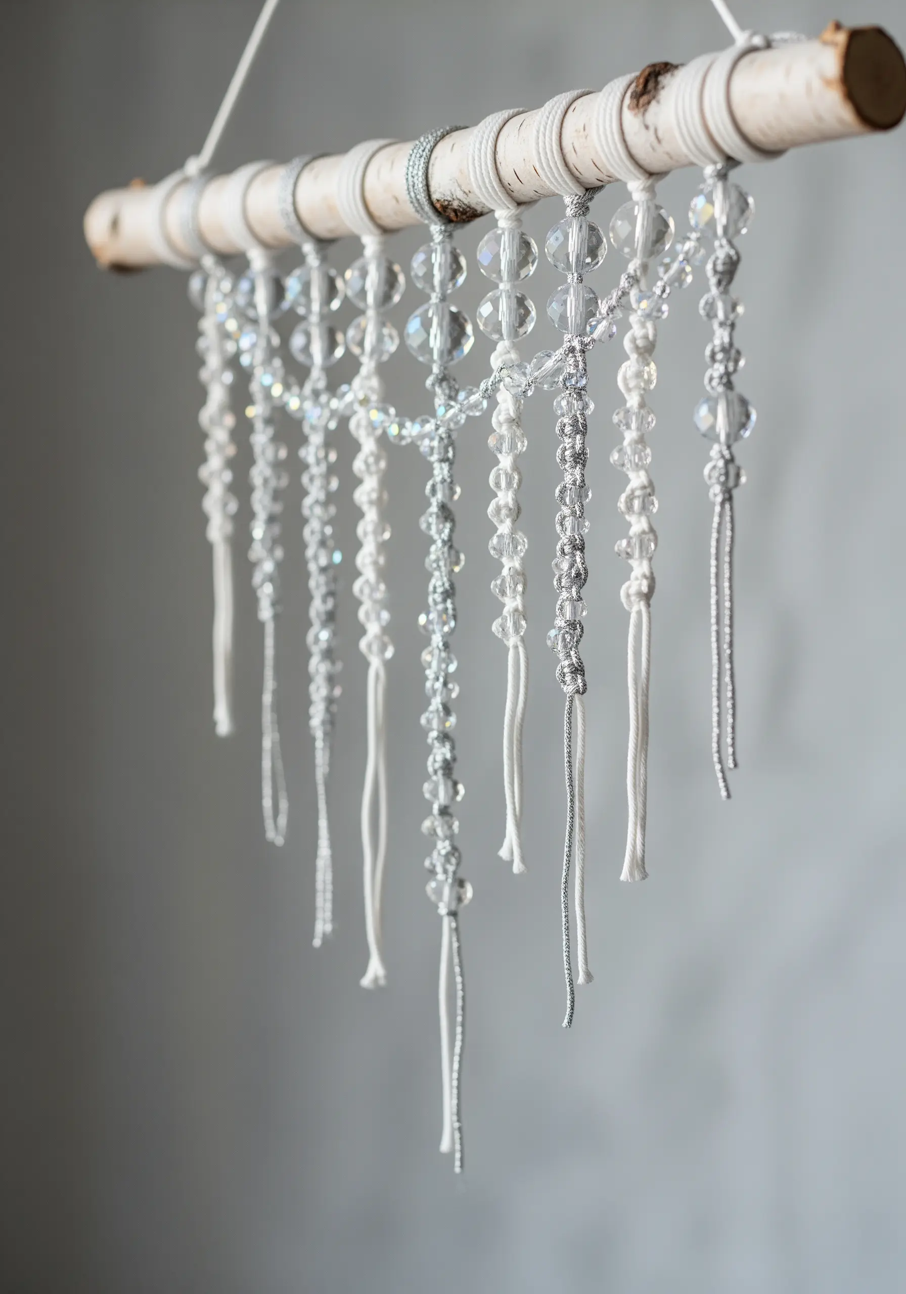 A delicate macrame wall hanging with clear beads and silver thread on a birch branch.