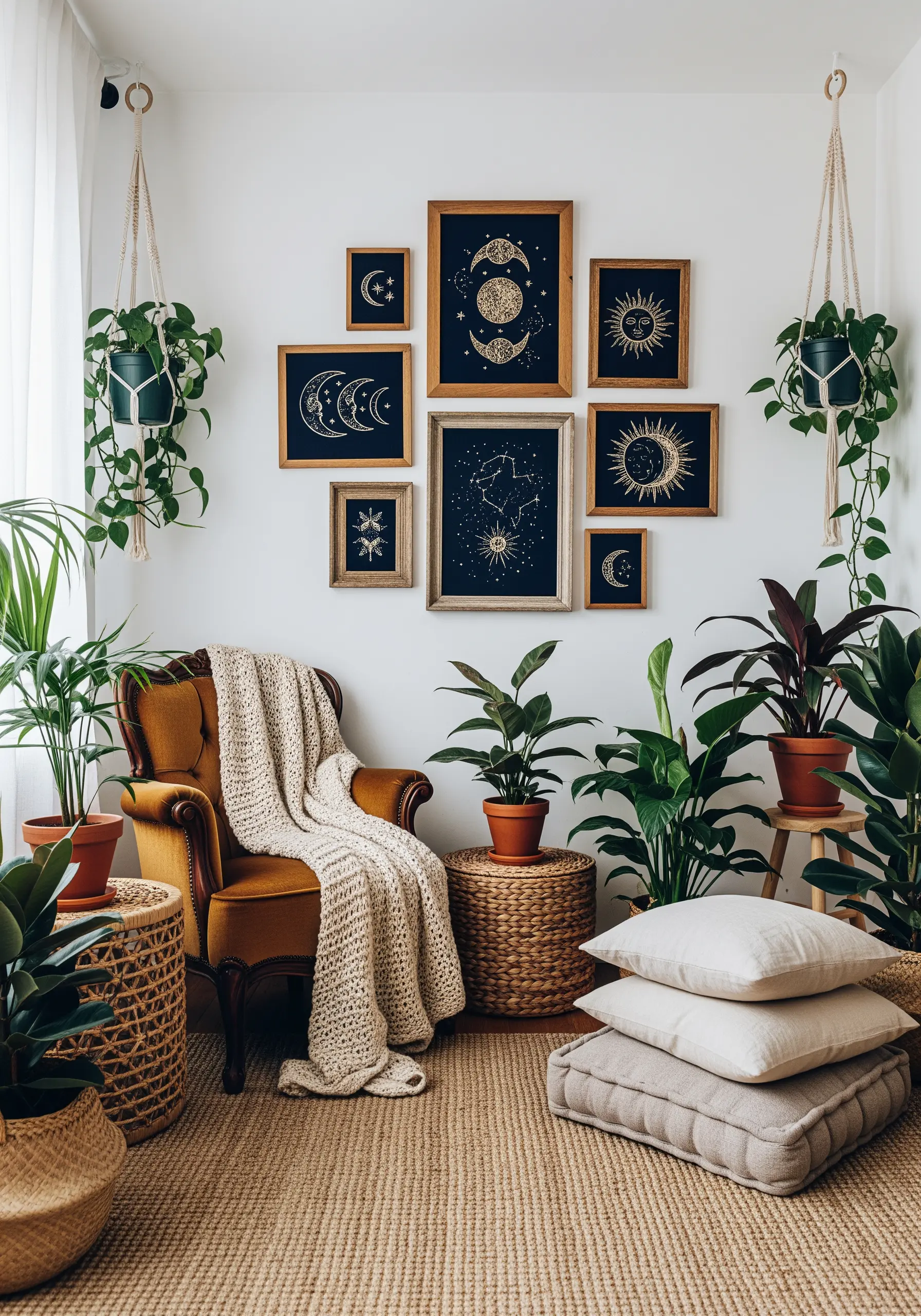A gallery wall of celestial embroidery with gold thread on dark fabric, featuring suns, moons, and stars.