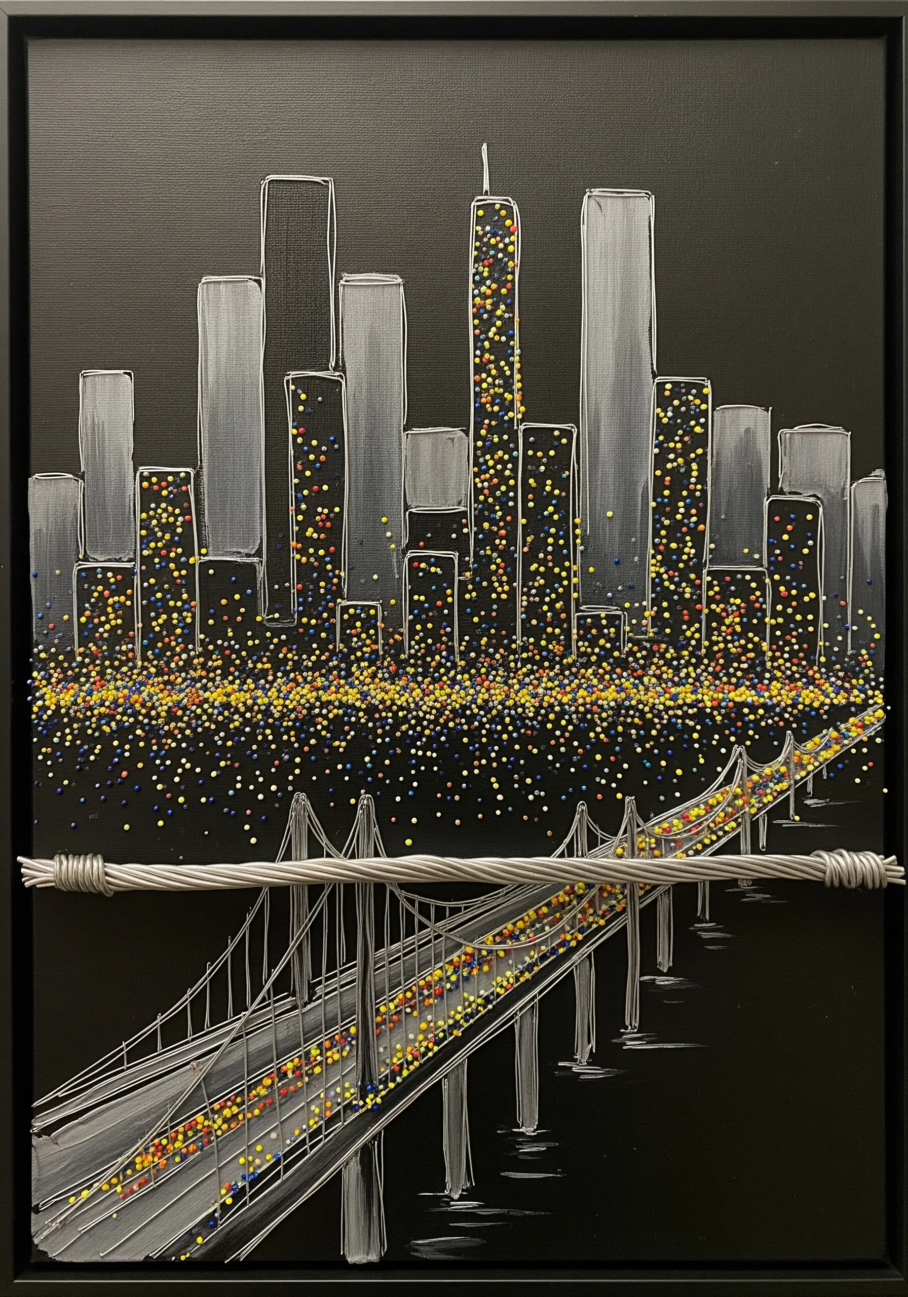 Painted city skyline on black canvas with colorful dots for lights and a twisted wire bridge.
