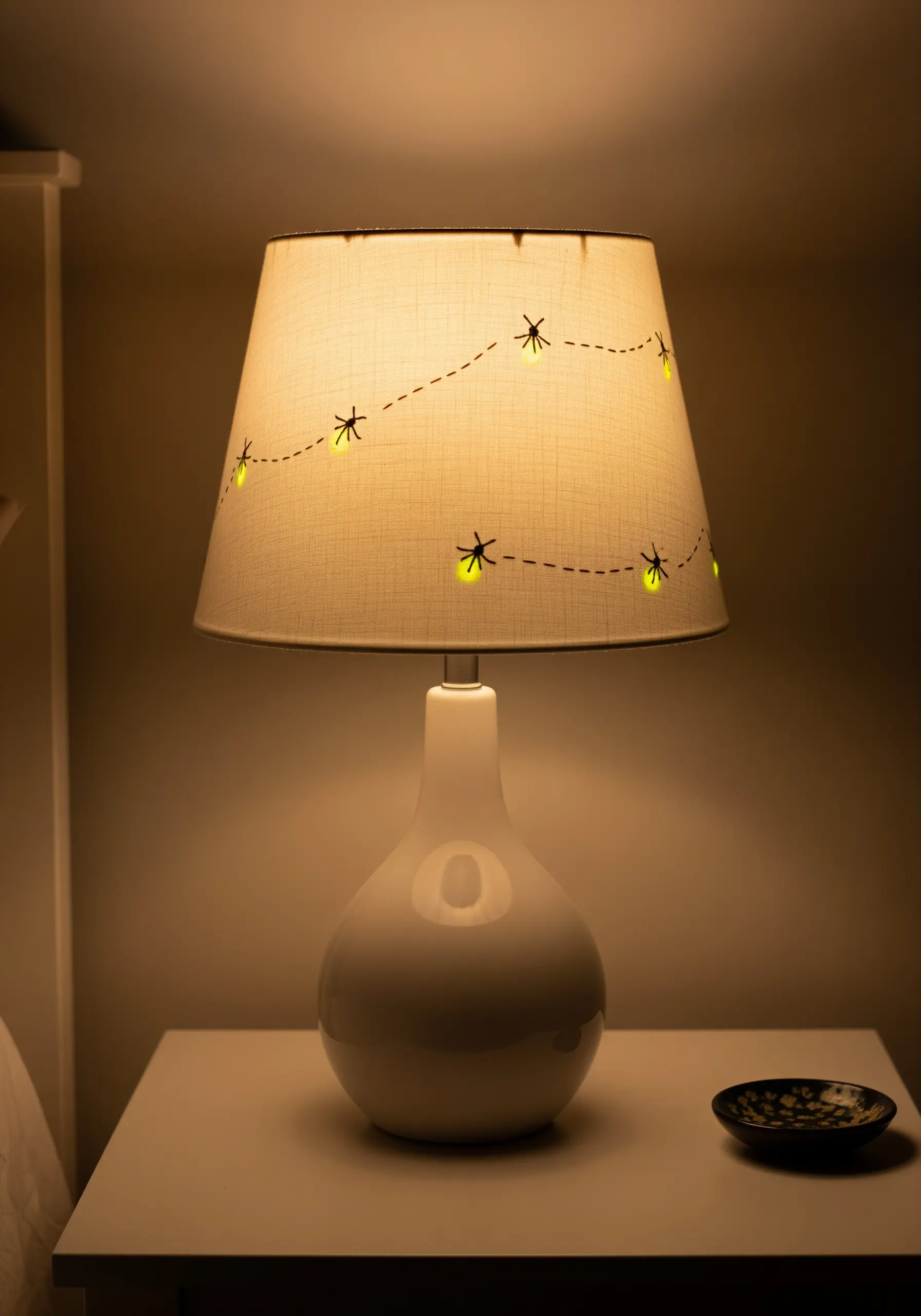 A lit lampshade with embroidered fireflies whose bodies glow from the light inside.