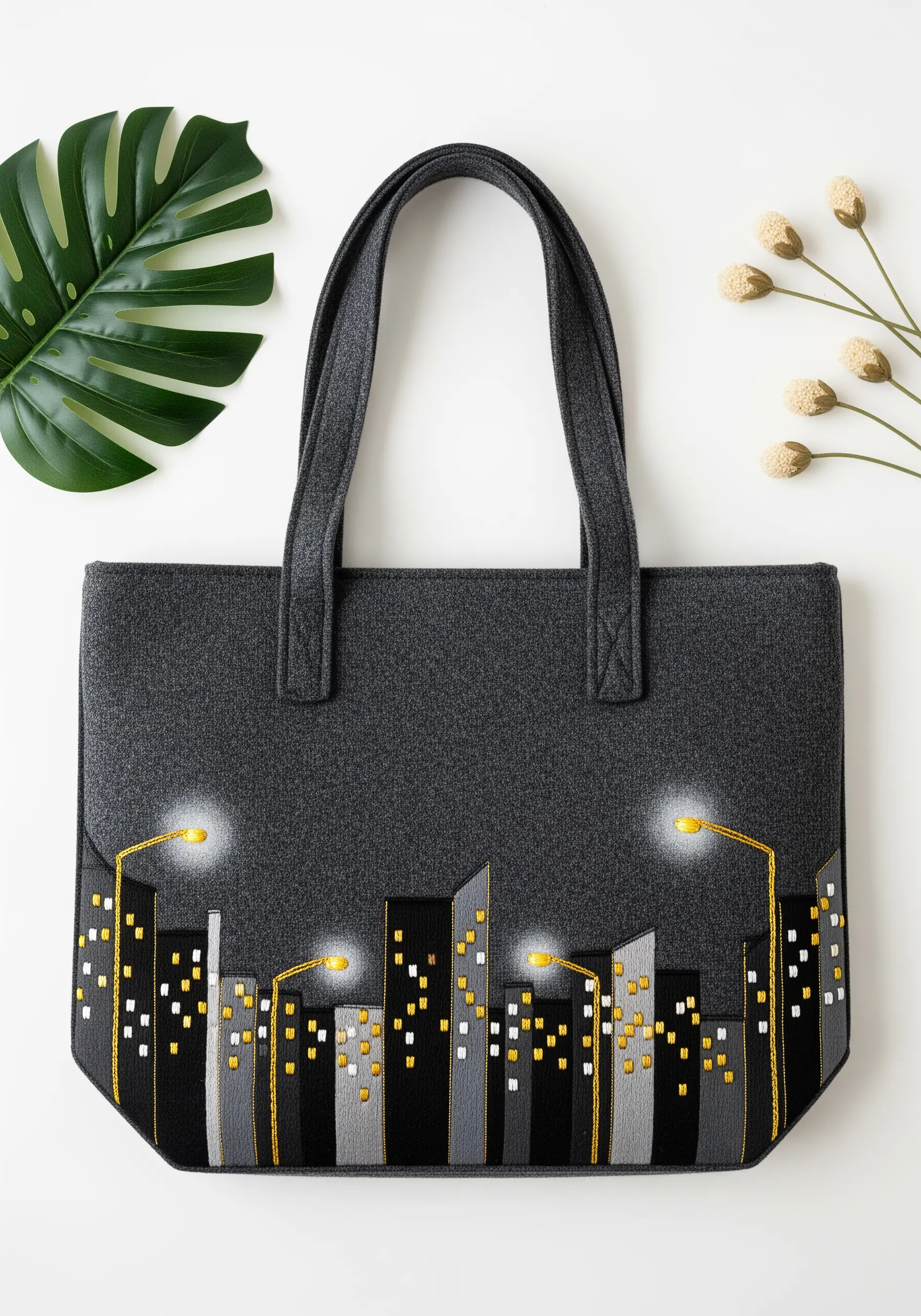 Embroidered city skyline at night with glowing yellow streetlights.