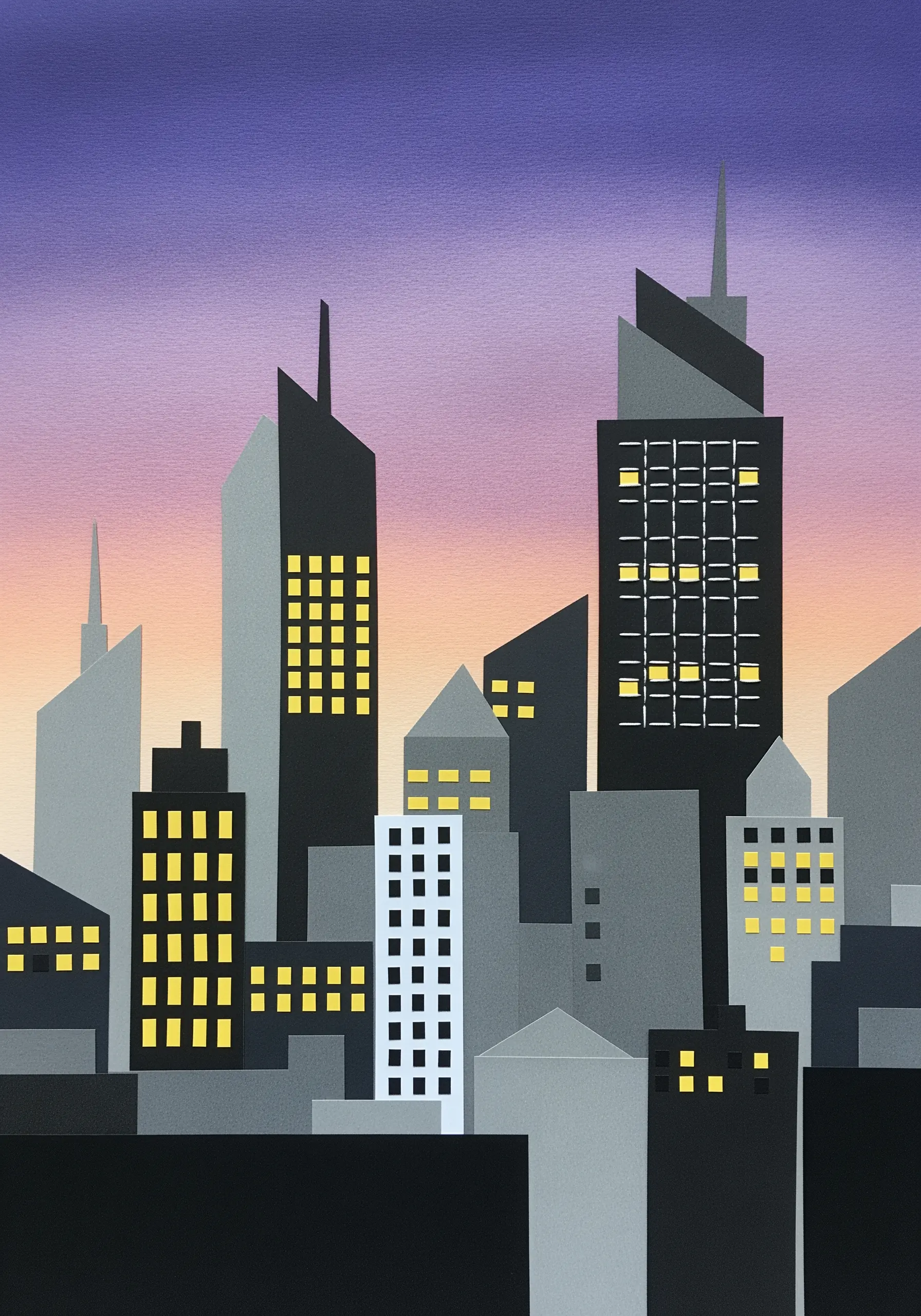 A paper collage of a city skyline at dusk with yellow threads stitched as lights in the windows.