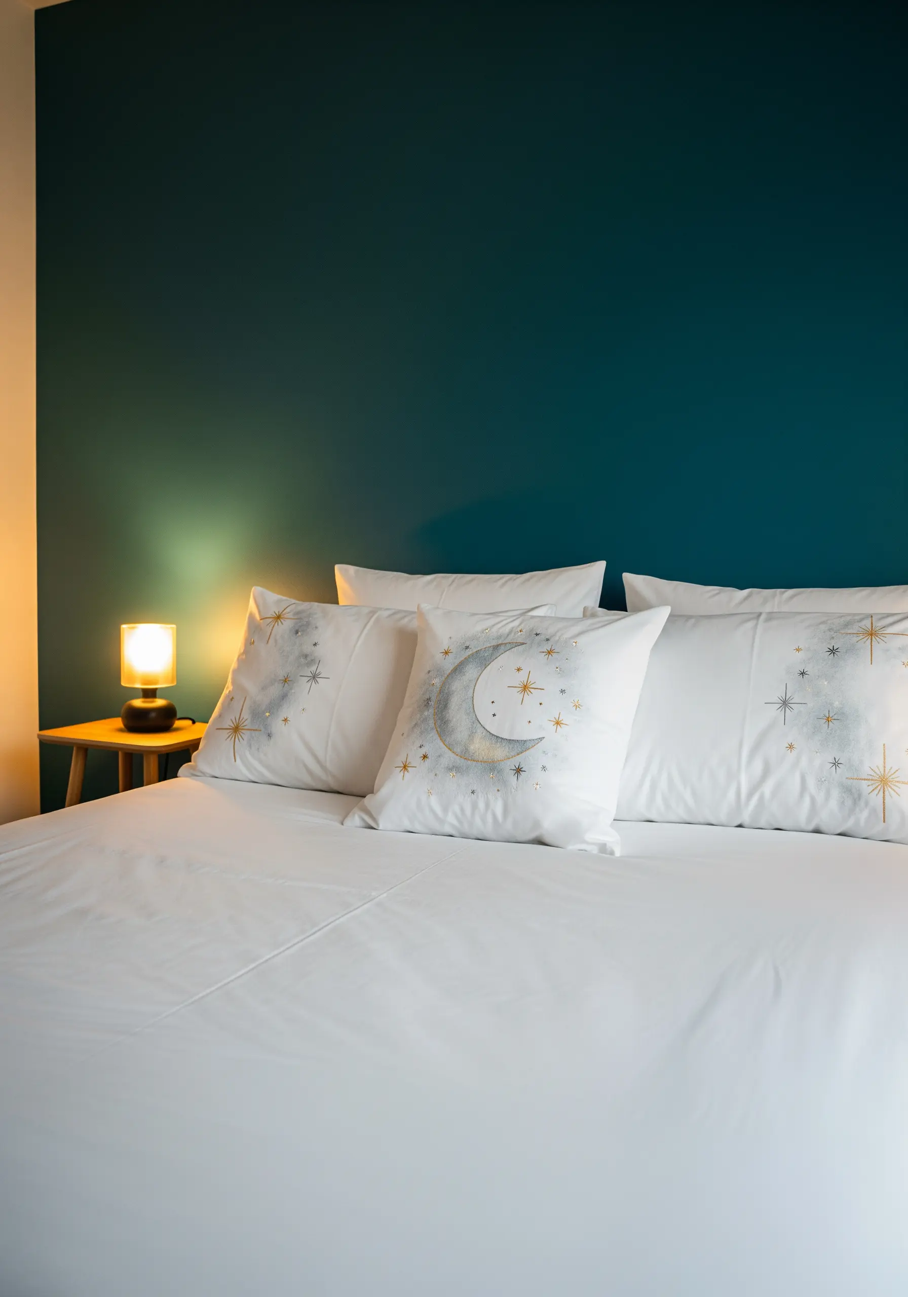 Embroidered crescent moon and stars on white pillows using metallic threads.