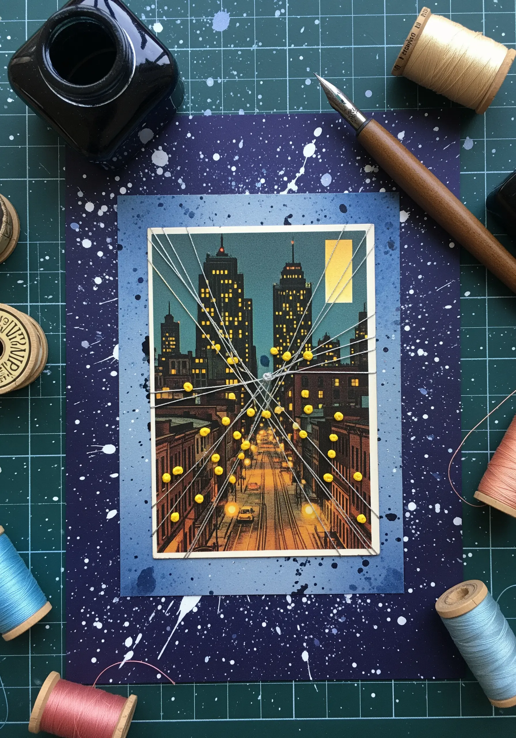 An illustration of a city at night with string art style lights strung across the scene.