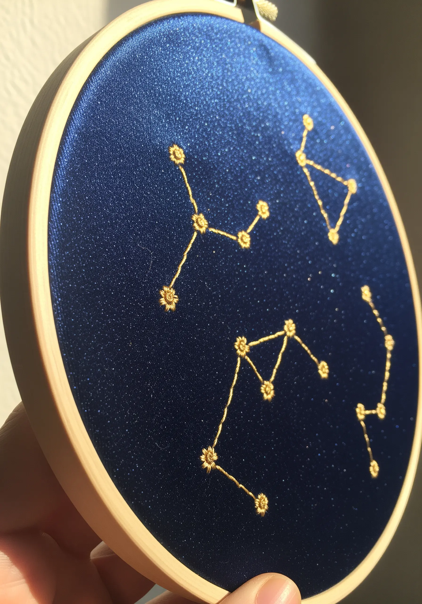 Gold metallic thread embroidered as constellations on shimmery navy blue fabric.