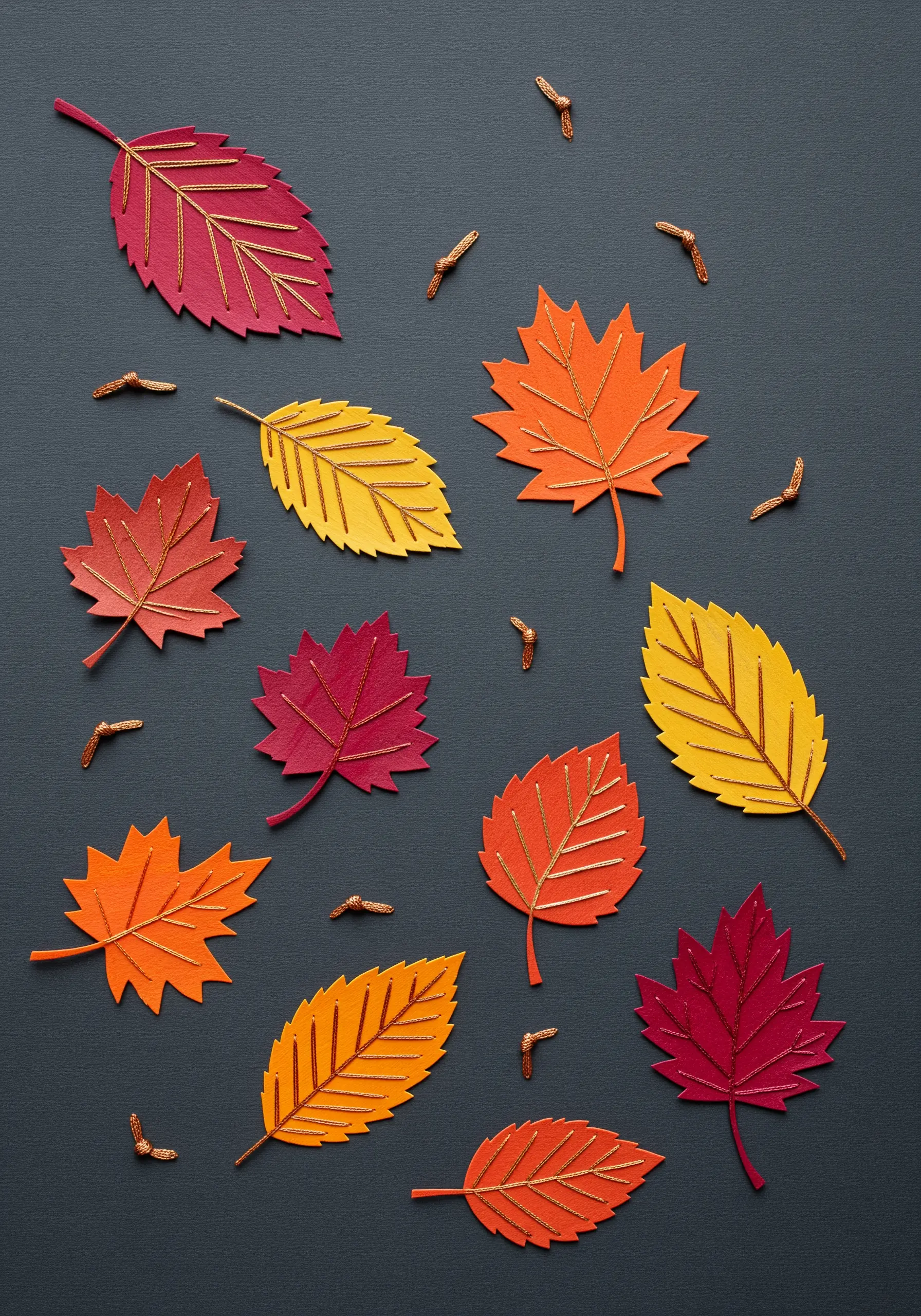 A collection of colorful paper autumn leaves with their veins stitched in shiny gold thread.