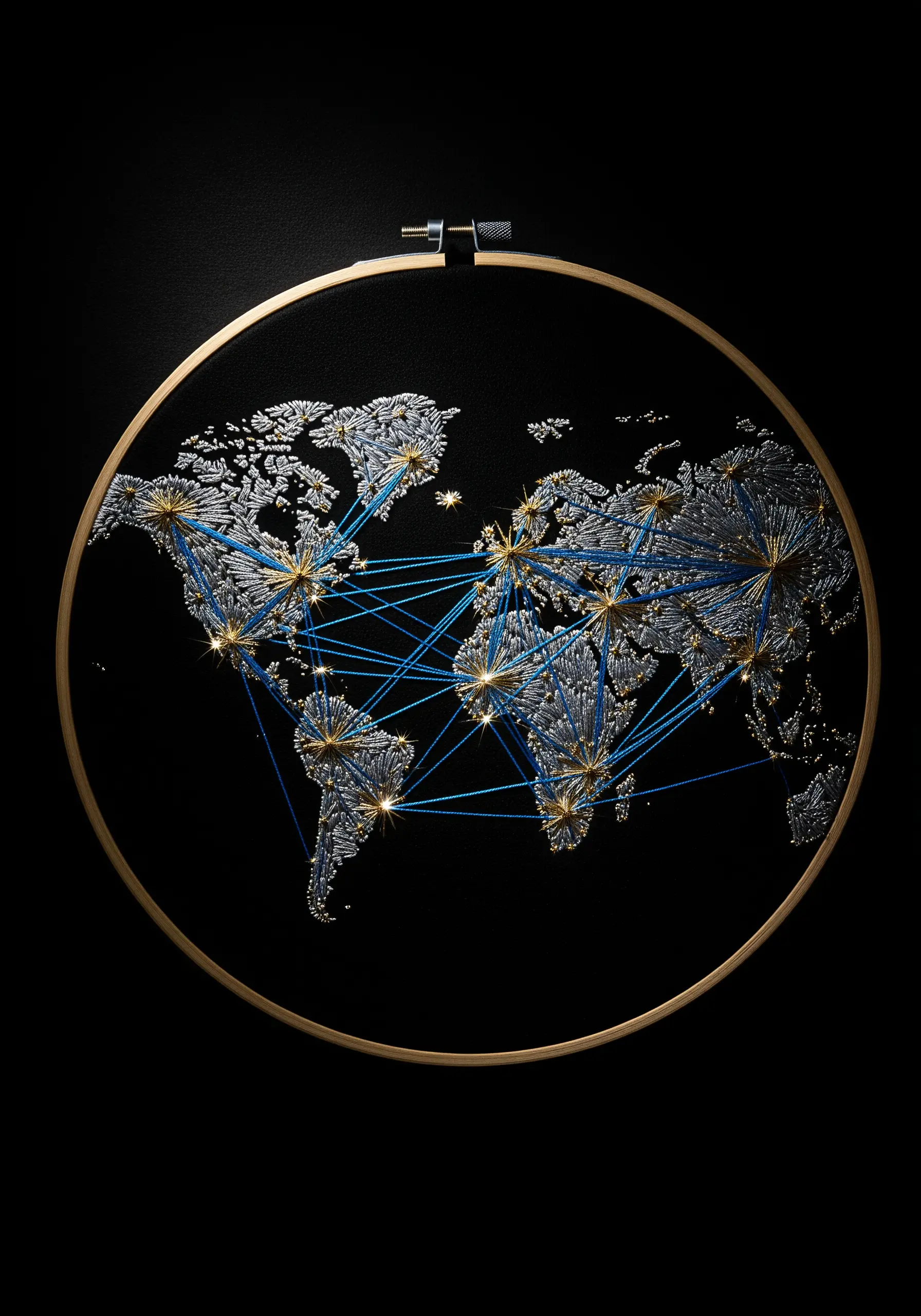 String art world map in a hoop using silver and blue metallic thread on black fabric.