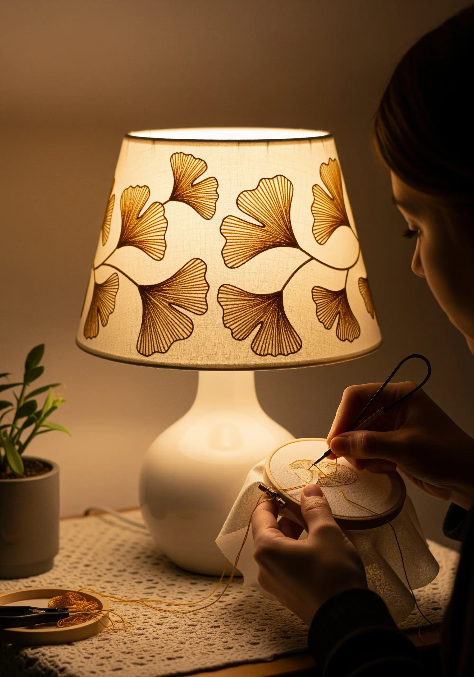 Embroidering golden ginkgo leaf patterns onto a fabric lampshade.