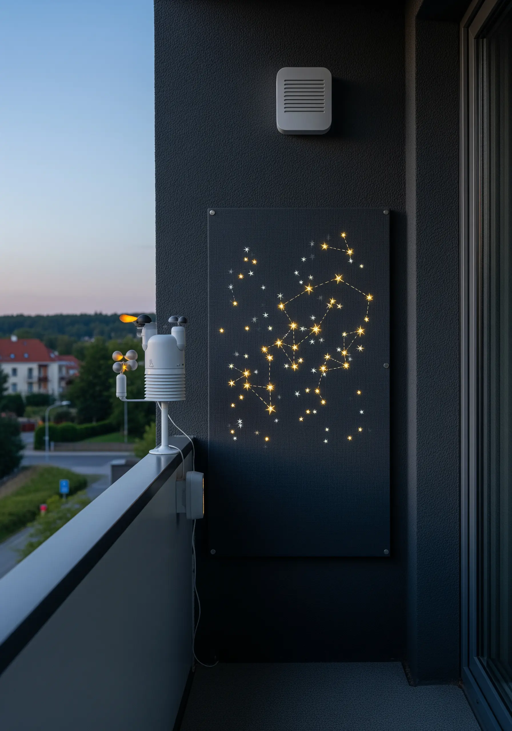 An embroidered constellation panel backlit with small LED lights.