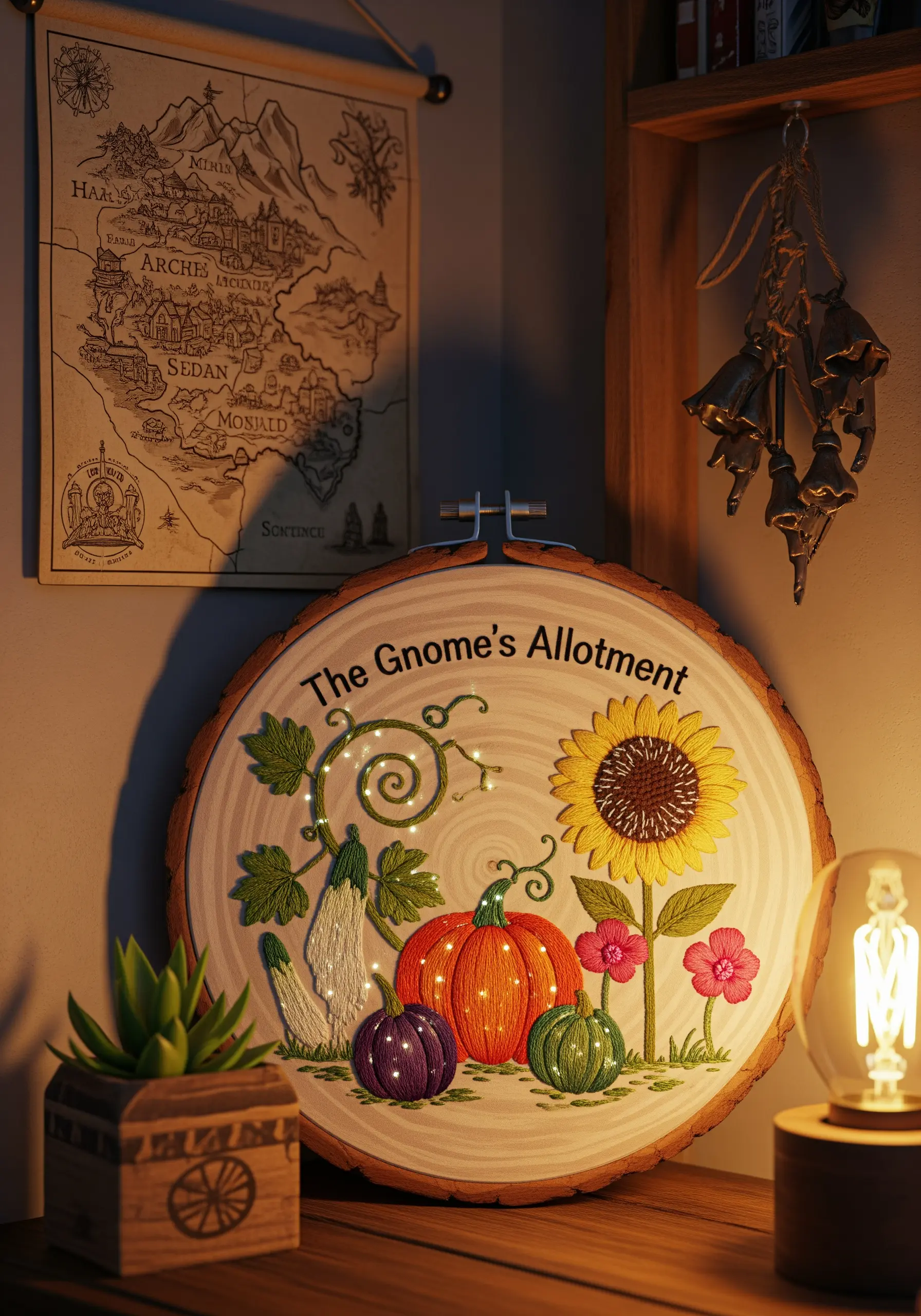 Embroidery of a harvest scene on a wood slice, with tiny LED lights woven into the design.