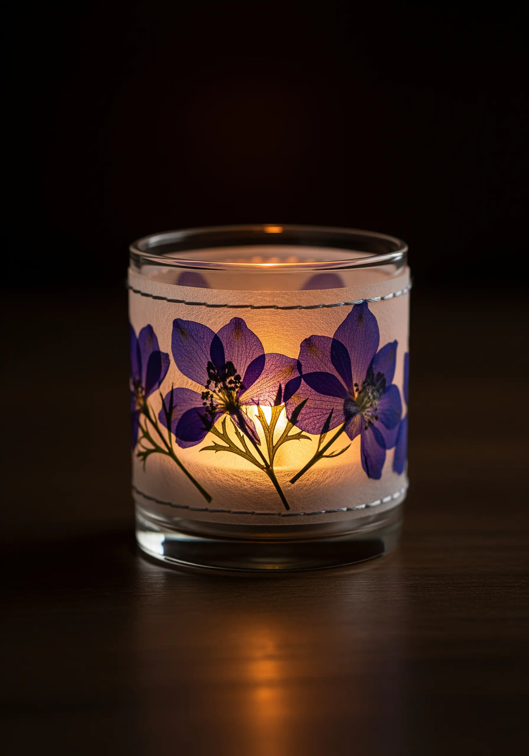 A glass candle holder wrapped in vellum with pressed purple flowers, lit from within.
