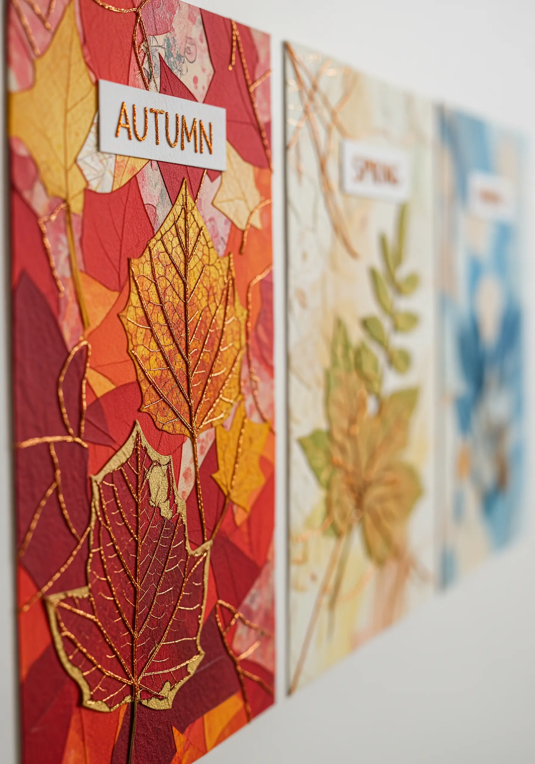 Autumnal collage panel with pressed leaves outlined in delicate gold embroidery.