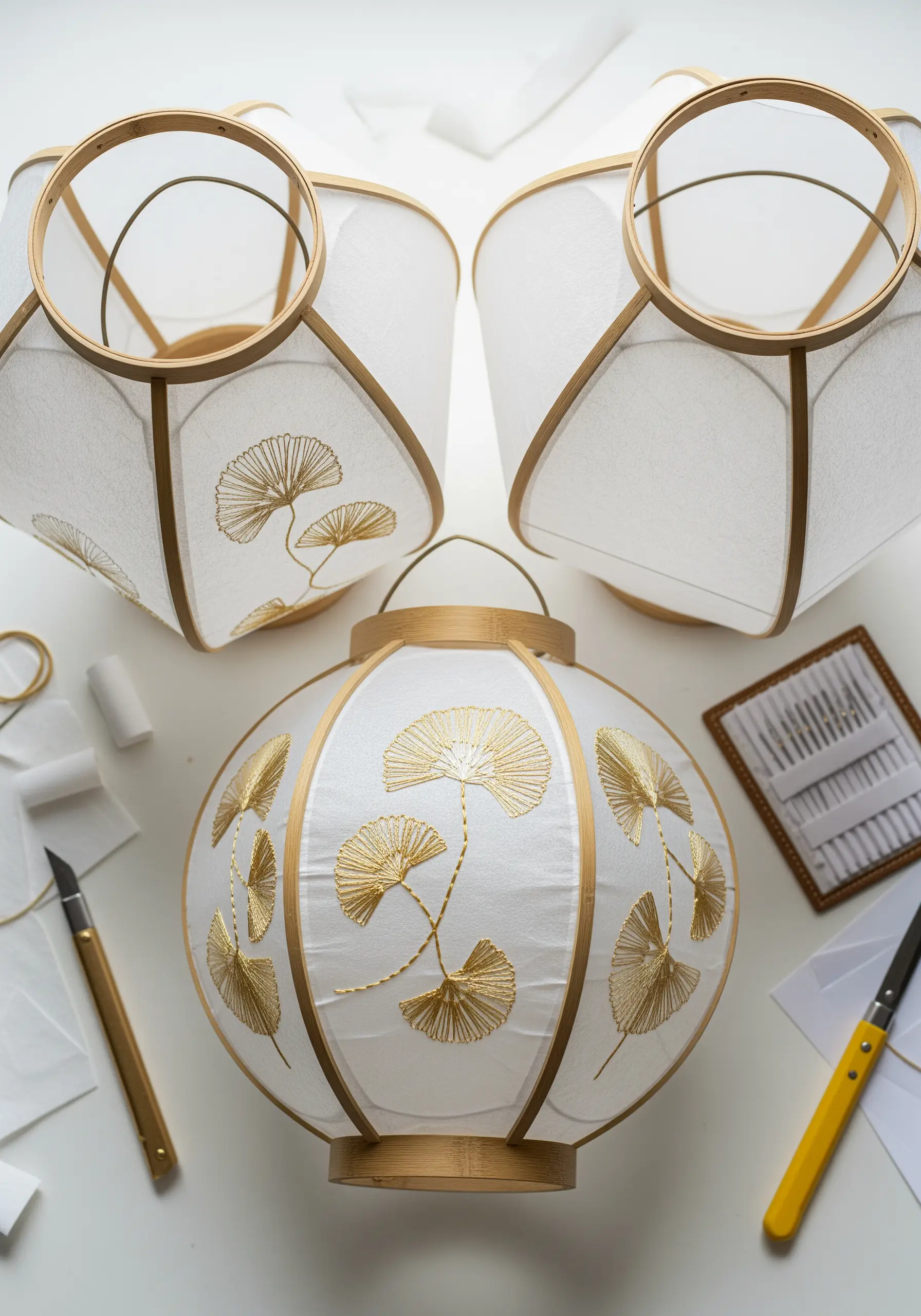 Gold ginkgo leaf motifs embroidered on the panels of a white paper lantern.