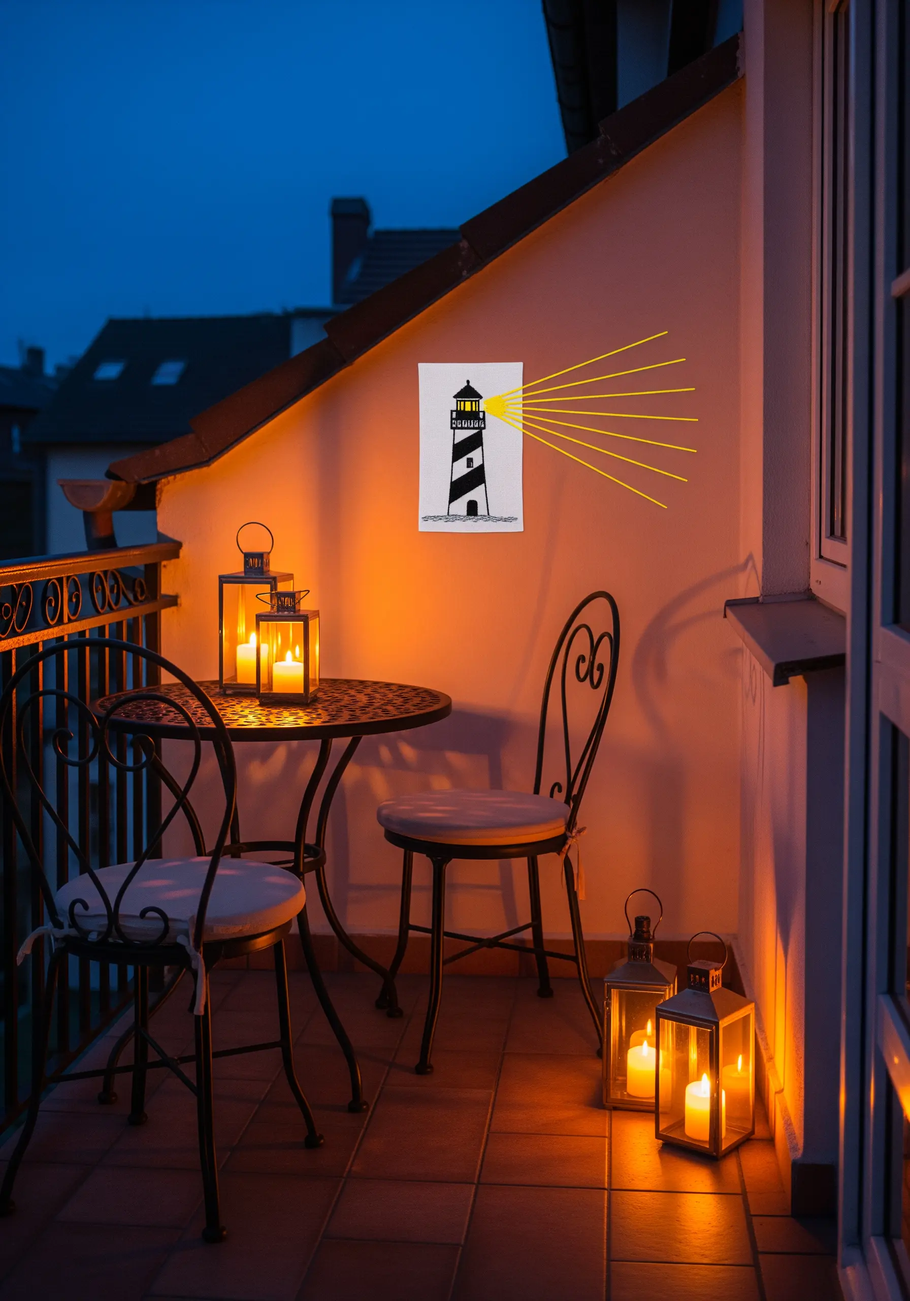 Mixed media art combining an embroidered lighthouse with string art light beams.