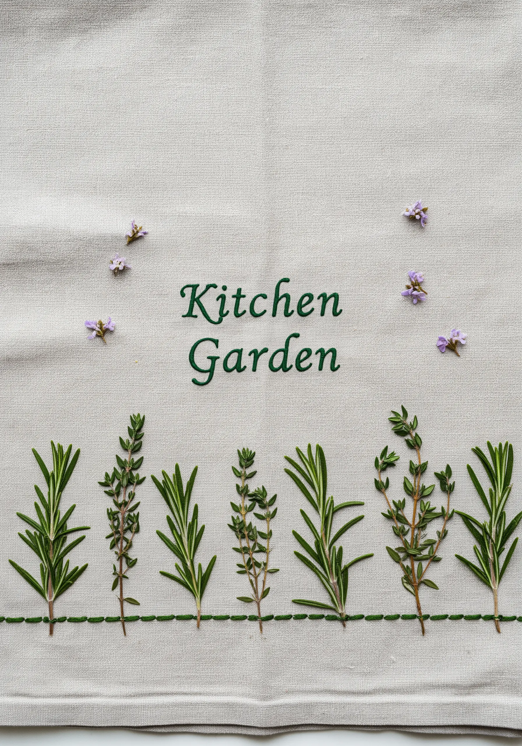 A linen kitchen towel featuring real rosemary and thyme sprigs with embroidered text above.