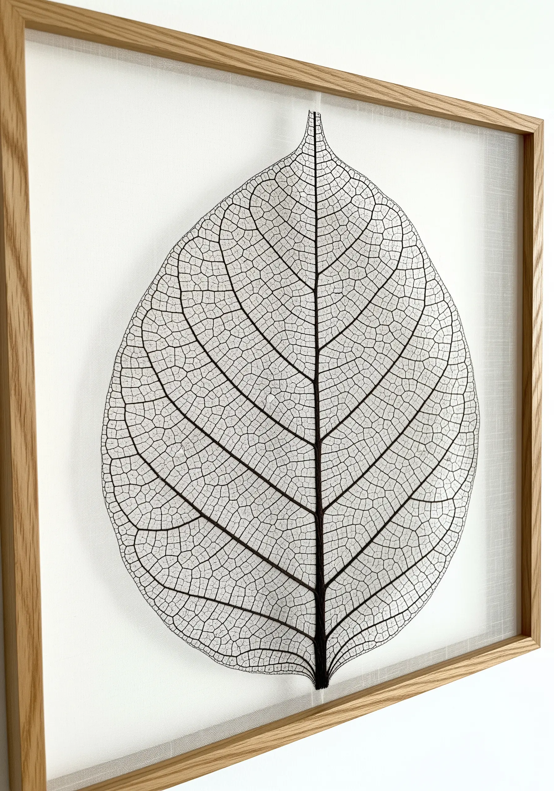 Minimalist black thread embroidery of a detailed skeleton leaf on white fabric.
