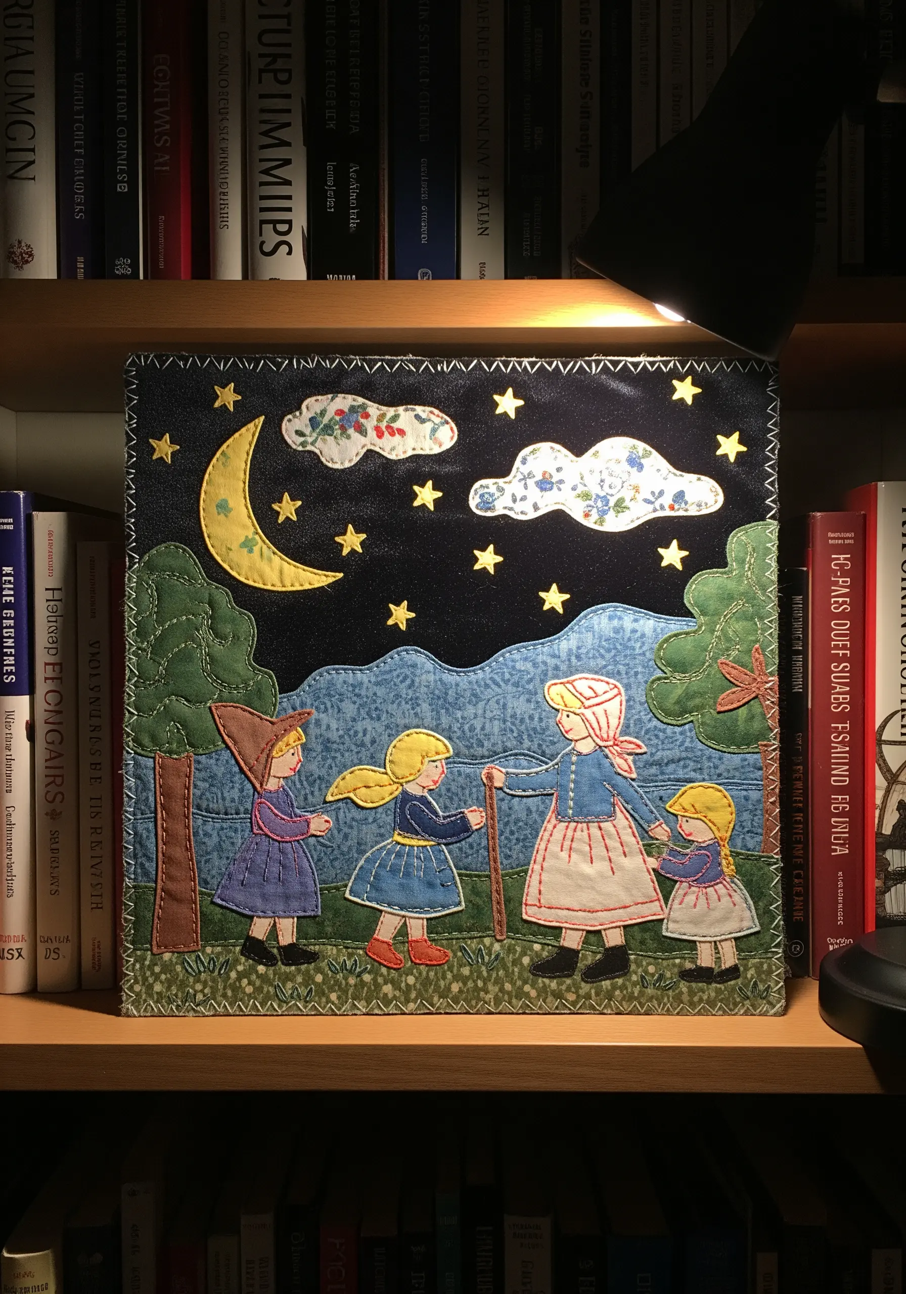 Fabric appliqué storybook scene of children and an adult under a starry night sky.