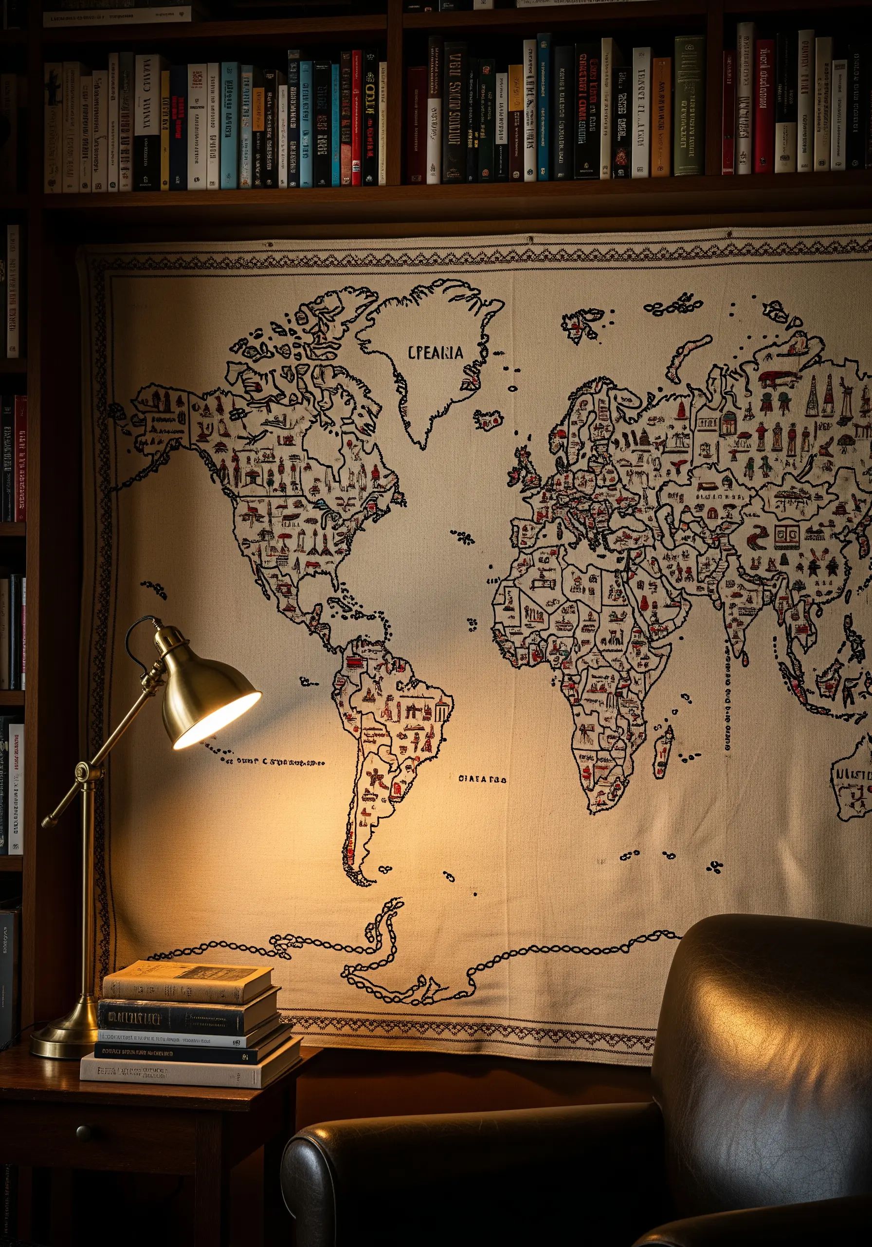 A large canvas tapestry of an illustrated world map stitched in black and red thread.